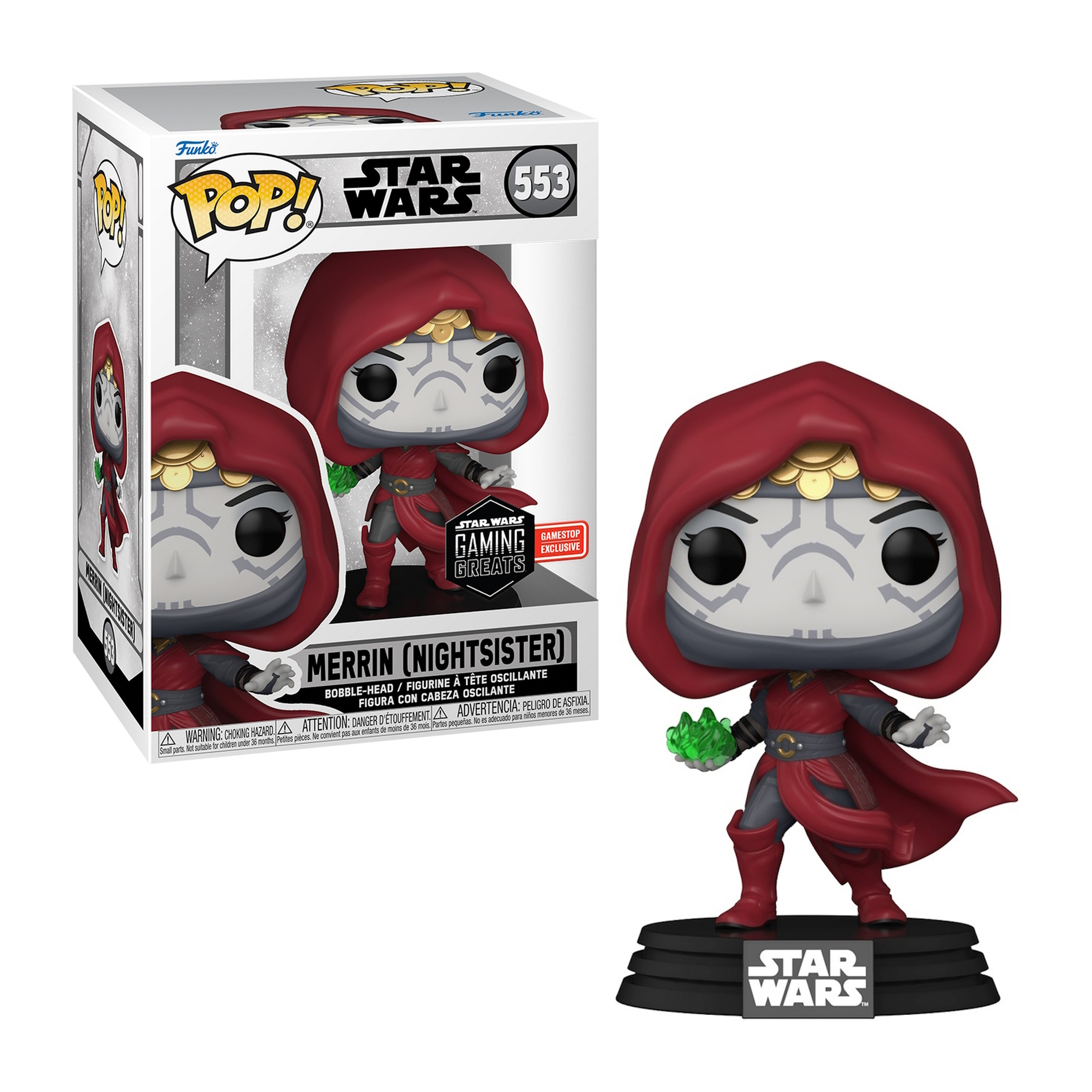 Merrin Nightsister Figur in rotem Gewand. Hält ein grünes Objekt. Verpackt mit Star Wars Branding.