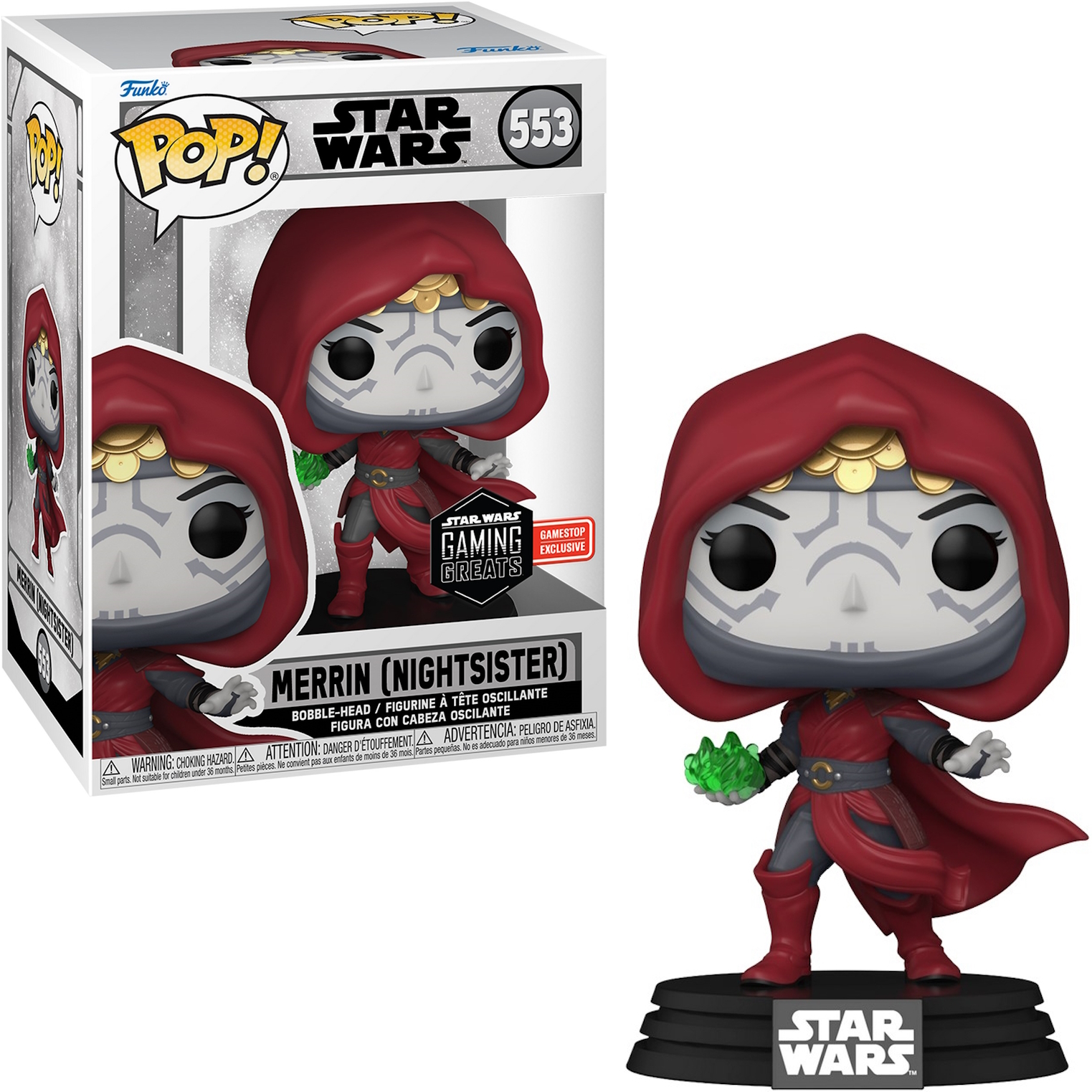 Merrin (Nightsister) Figur mit roter Kapuze und grüner Energie. Star Wars Figur.