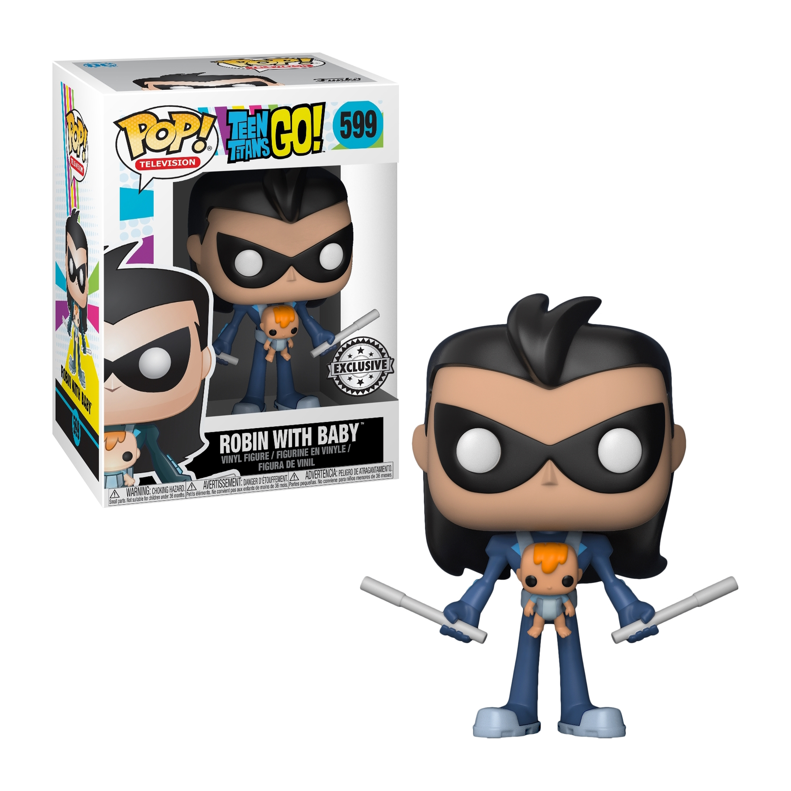 Robin mit Baby Funko Pop Figur. Figur in Box, trägt blaues Outfit, hält zwei Schlagstöcke.