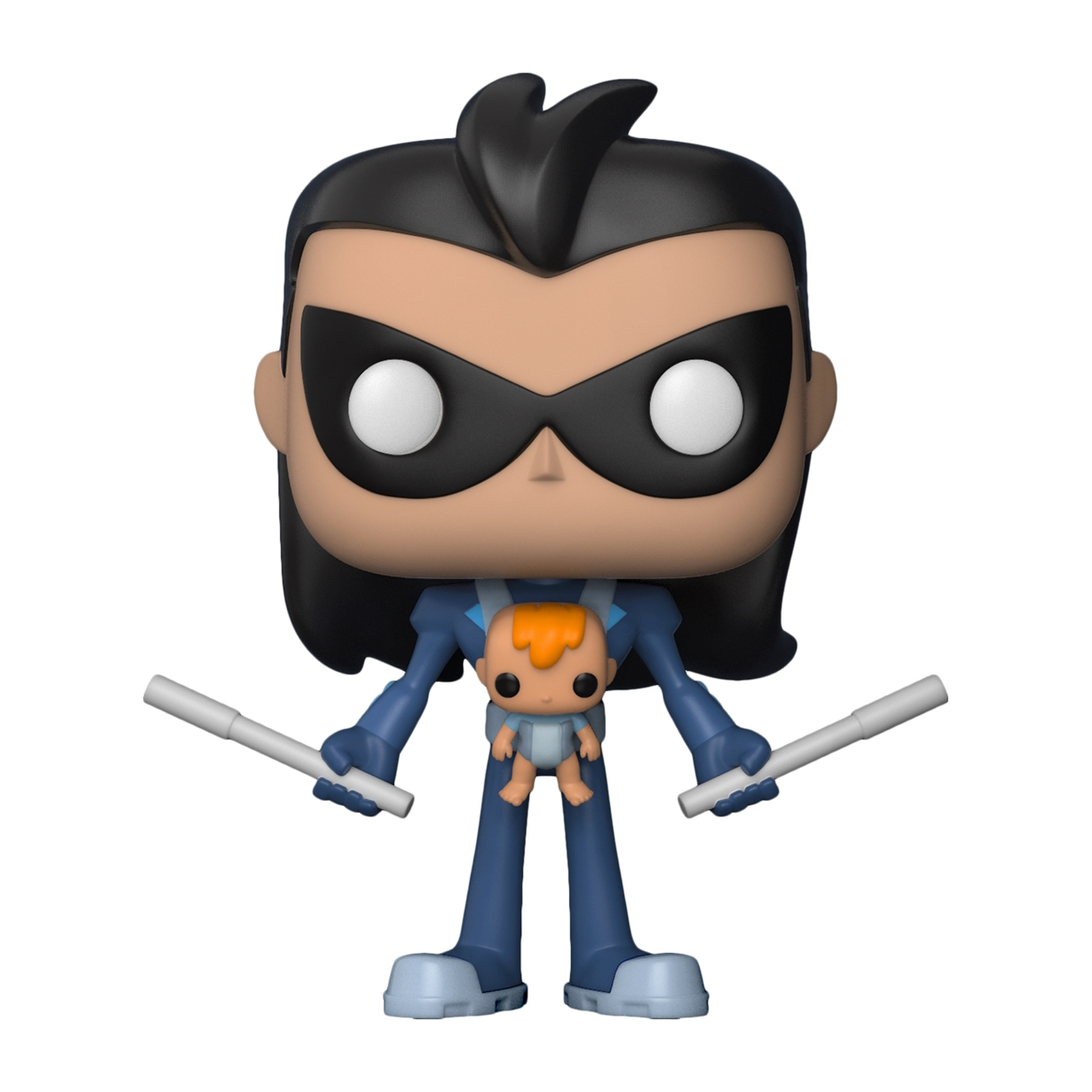 Nightwing Funko Pop Figur mit Baby im Tragetuch, hält zwei Schlagstöcke, in blauem Anzug, mit Box.