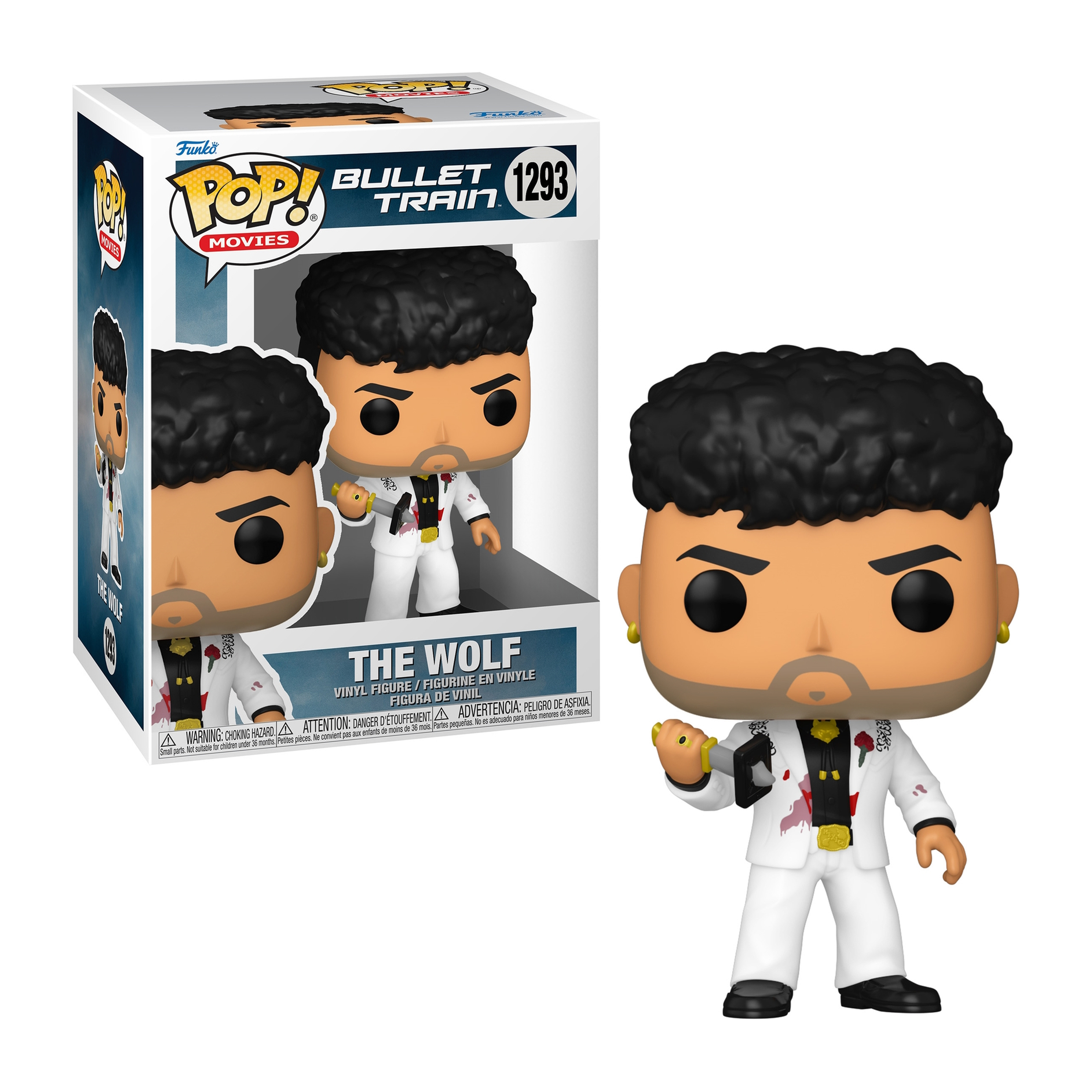 Funko Pop Figur eines Mannes in einem weißen Anzug, der eine Pistole hält. In einer Box auf weißem Hintergrund.