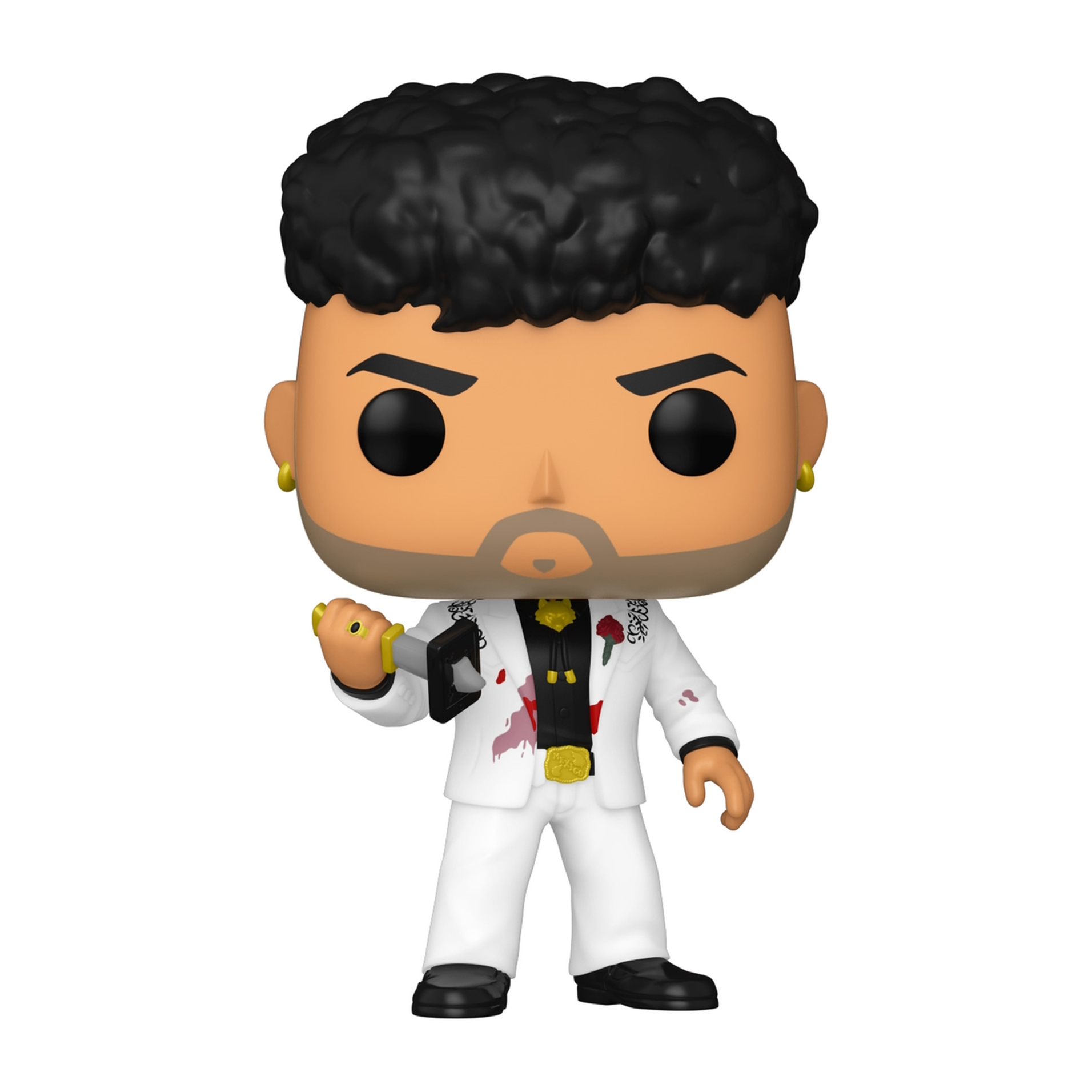 Bad Bunny Funko Pop Figur in weißem Anzug, hält ein Messer.