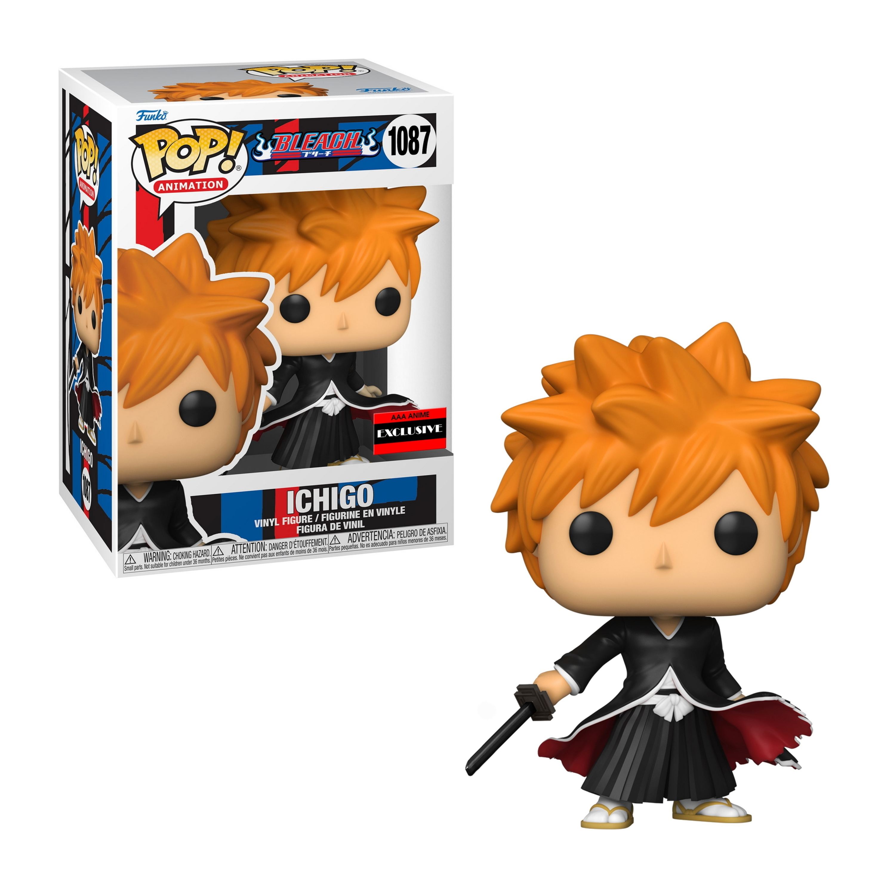 Eine Funko Pop Figur von Ichigo aus Bleach, mit einer Box, die die Figur und Charakterkunst zeigt.
