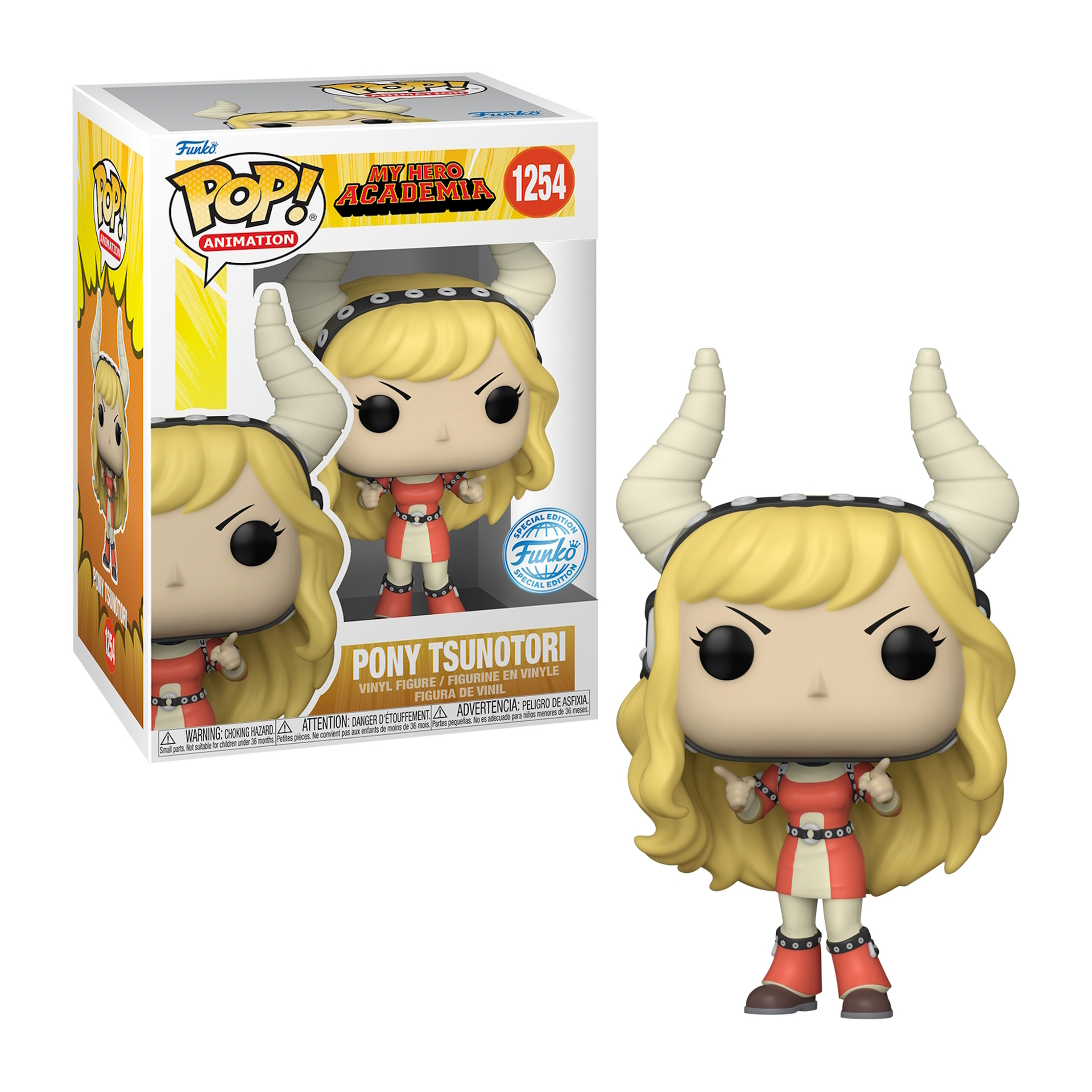 Figura Pony Tsunotori de My Hero Academia, en caja y fuera, con cuernos.
