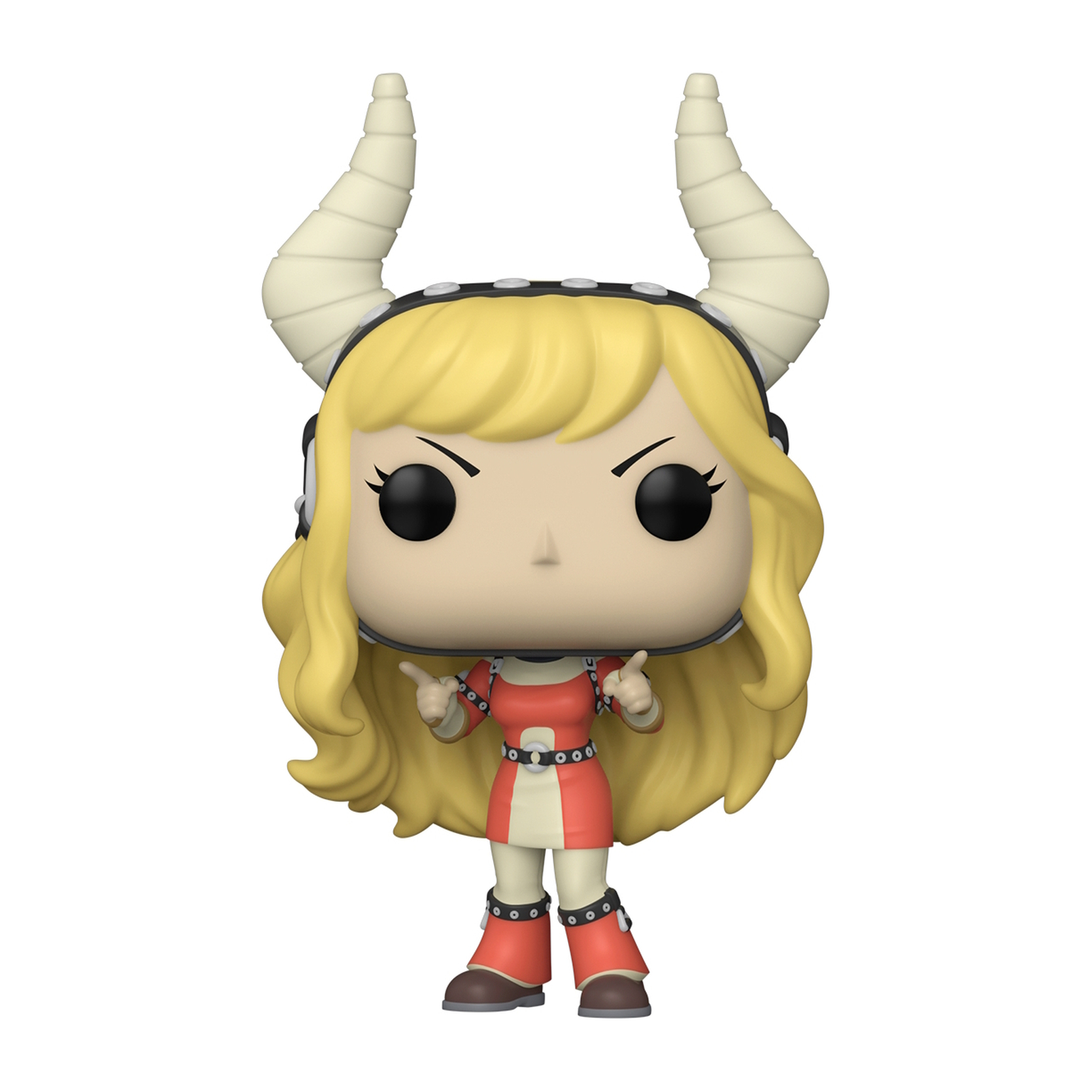 Figura Funko Pop, femenina, cuernos, atuendo rojo y blanco, ojos negros, señalando.