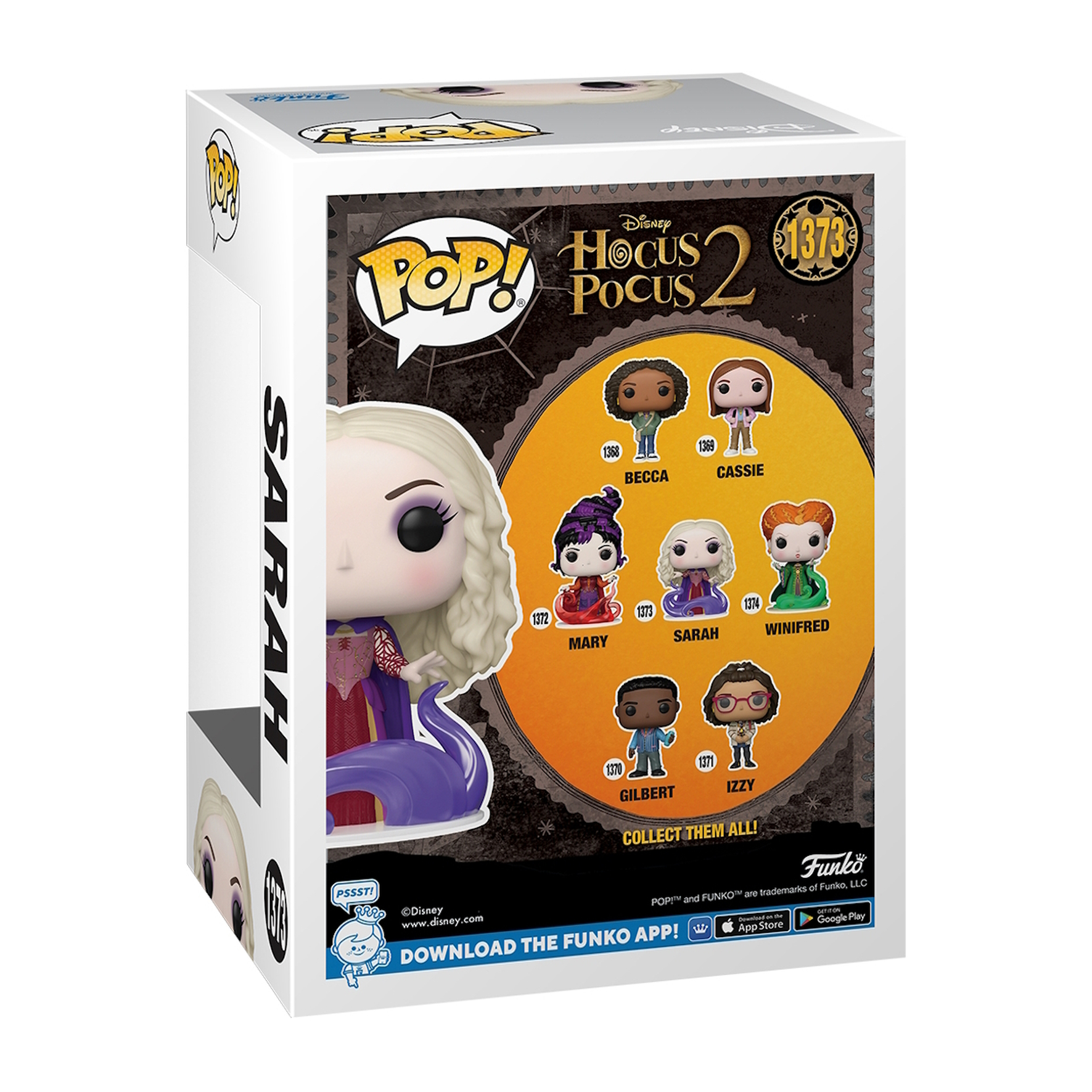 Rückseite der Hocus Pocus 2 Funko Pop Box. Zeigt Charaktere wie Sarah, Mary und Winifred, mit Disney Logo.