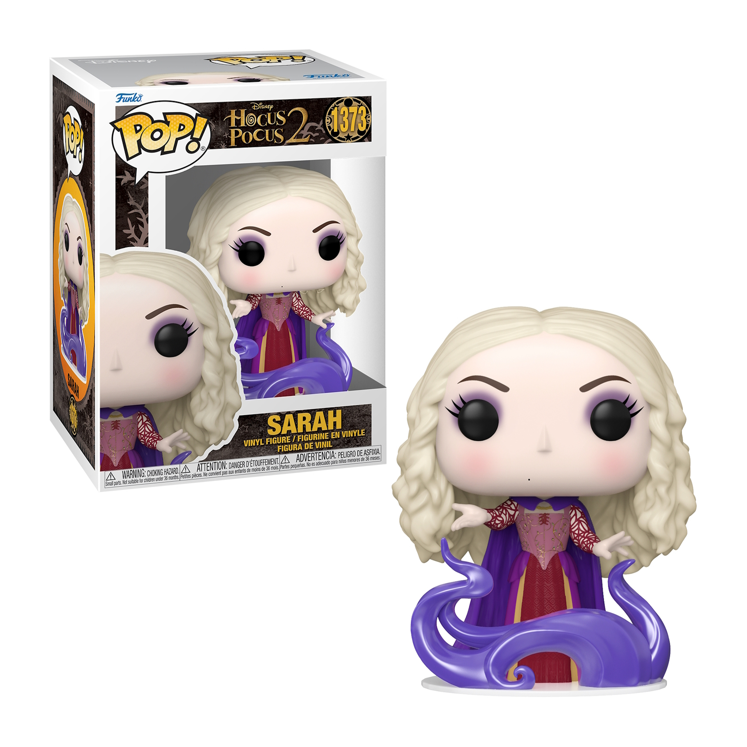 Eine Funko Pop-Figur von Sarah aus Hocus Pocus 2 mit der Box. Sie trägt lila und rote Kleidung.