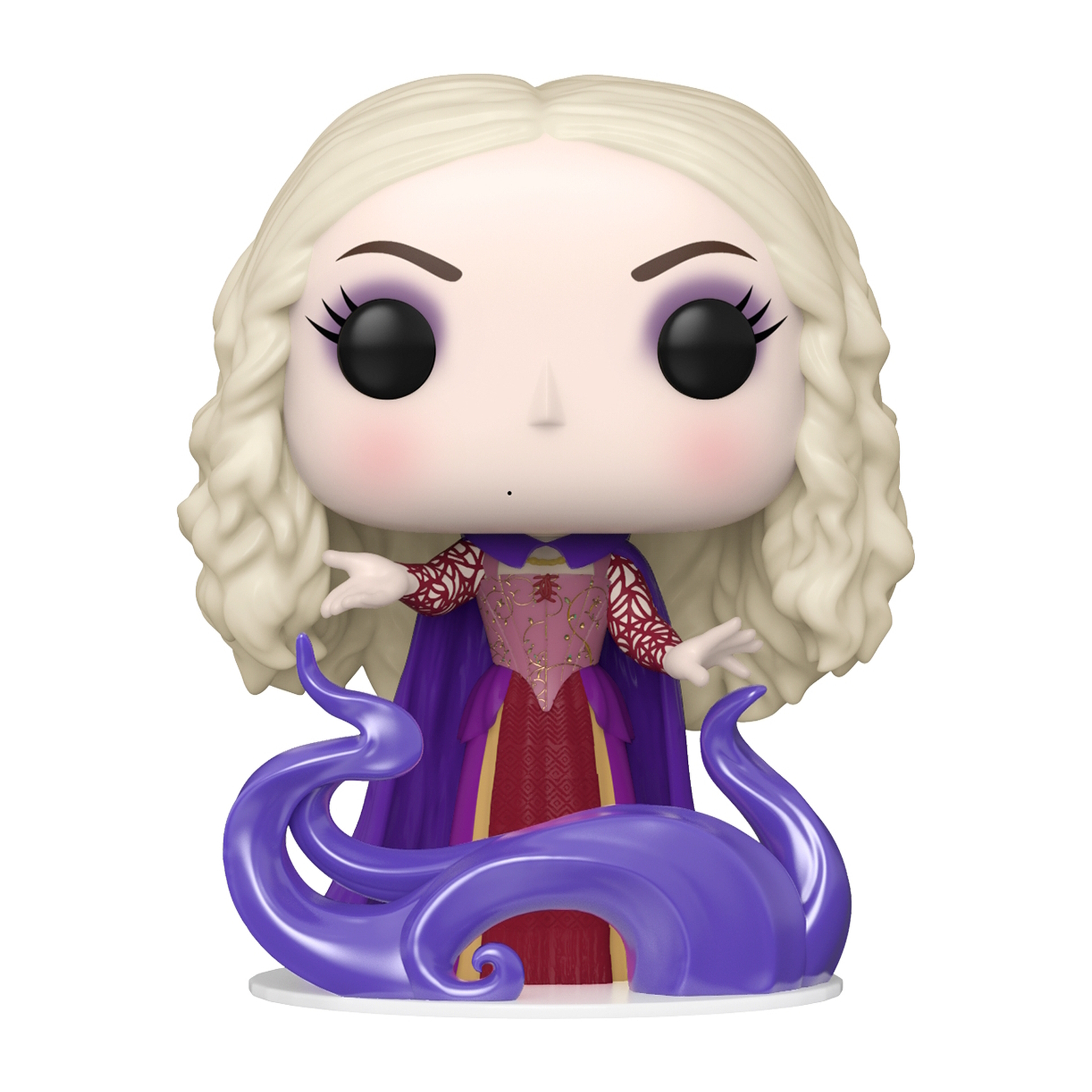 Winifred Sanderson Funko Pop Figur, blondes Haar, lila Umhang und lila Tentakelbasis.