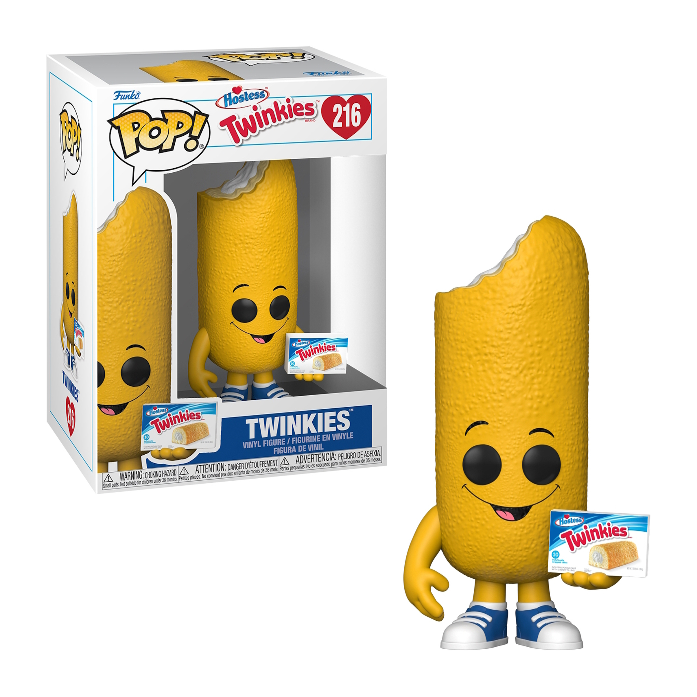 Funko Pop! Hostess Twinkies Figur und Box. Die Figur hält einen Twinkie.
