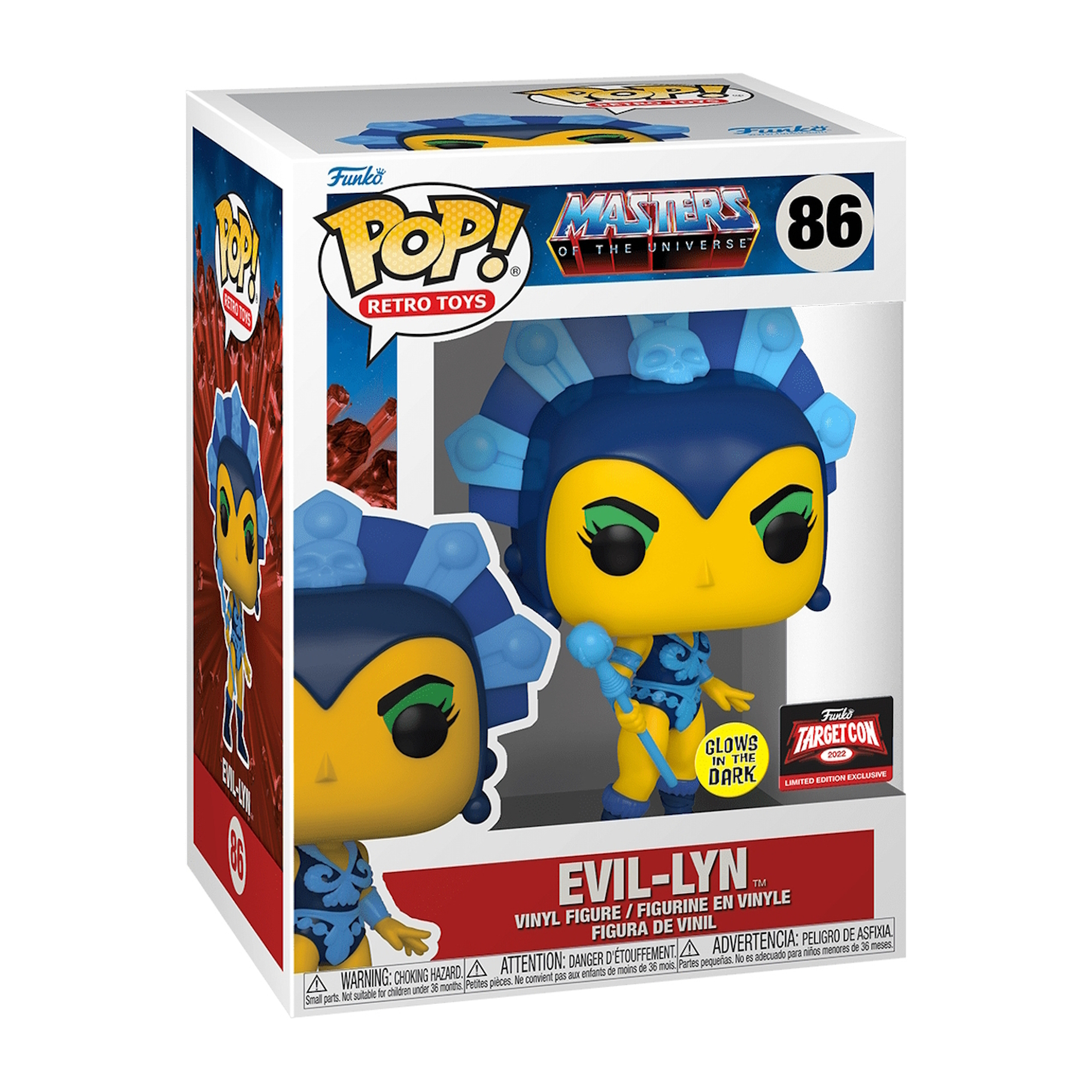 Evil-Lyn Pop! Figur in einer Box. Die Figur ist gelb und blau und leuchtet im Dunkeln. Sie hat einen TargetCon Aufkleber.