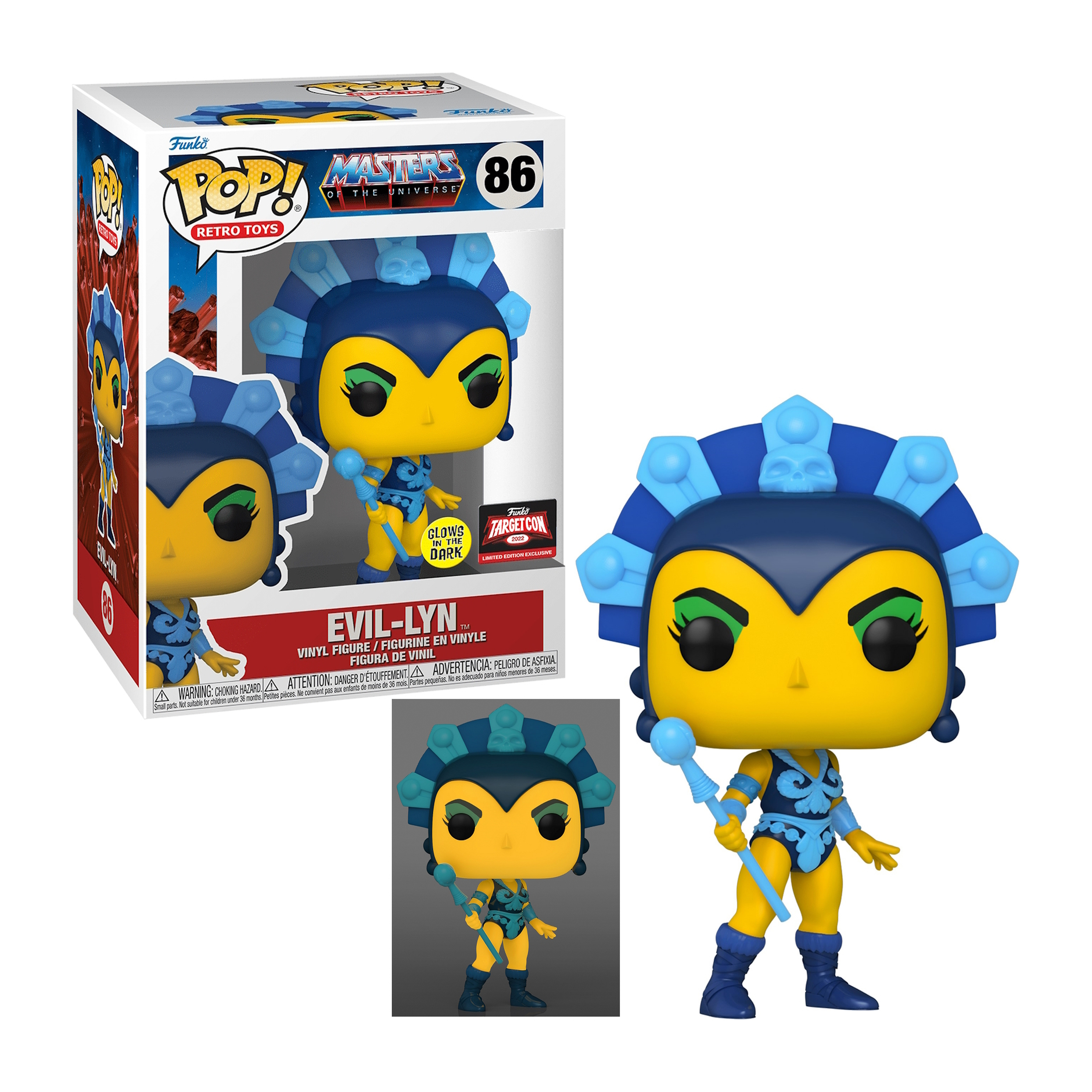 Funko Pop-Figur von Evil-Lyn aus Masters of the Universe. Sie ist gelb und blau mit einem Stab.