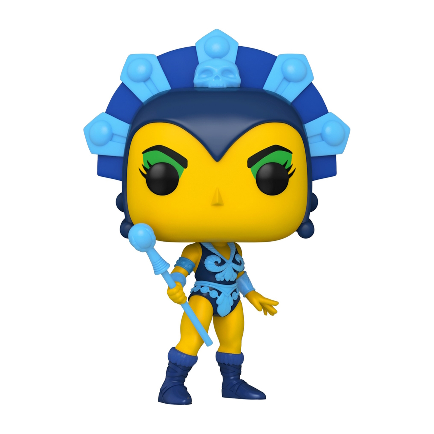 Funko Pop Figur. Gelbe Haut, blau-weißer Kopfschmuck, blaues Outfit. Hält einen blauen Stab.