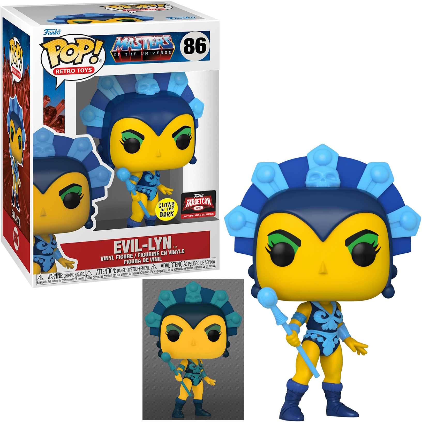 Evil-Lyn Pop!-Figur mit blauem Kopfschmuck, der einen blauen Stab hält, und die Box mit Figurenabbildung.