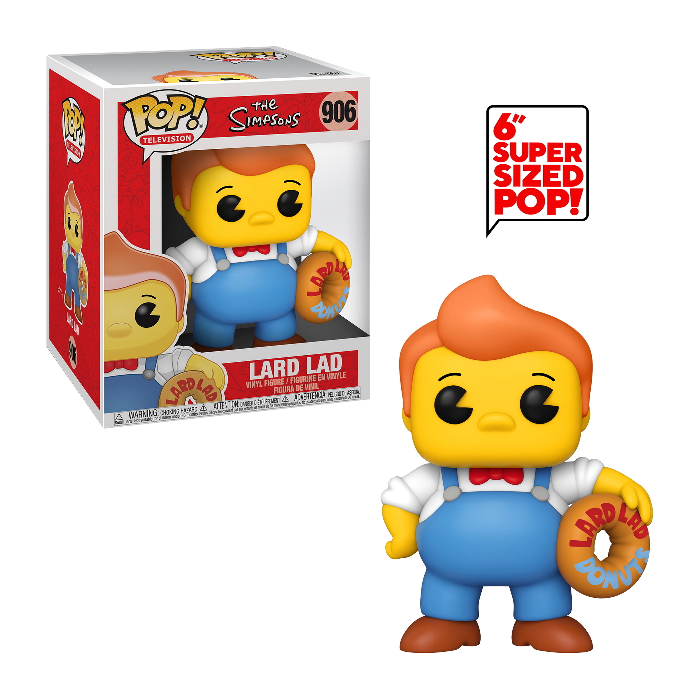Lard Lad Funko Pop Figur. Gelbe Haut, blaue Latzhose, Donut haltend. Box im Hintergrund.