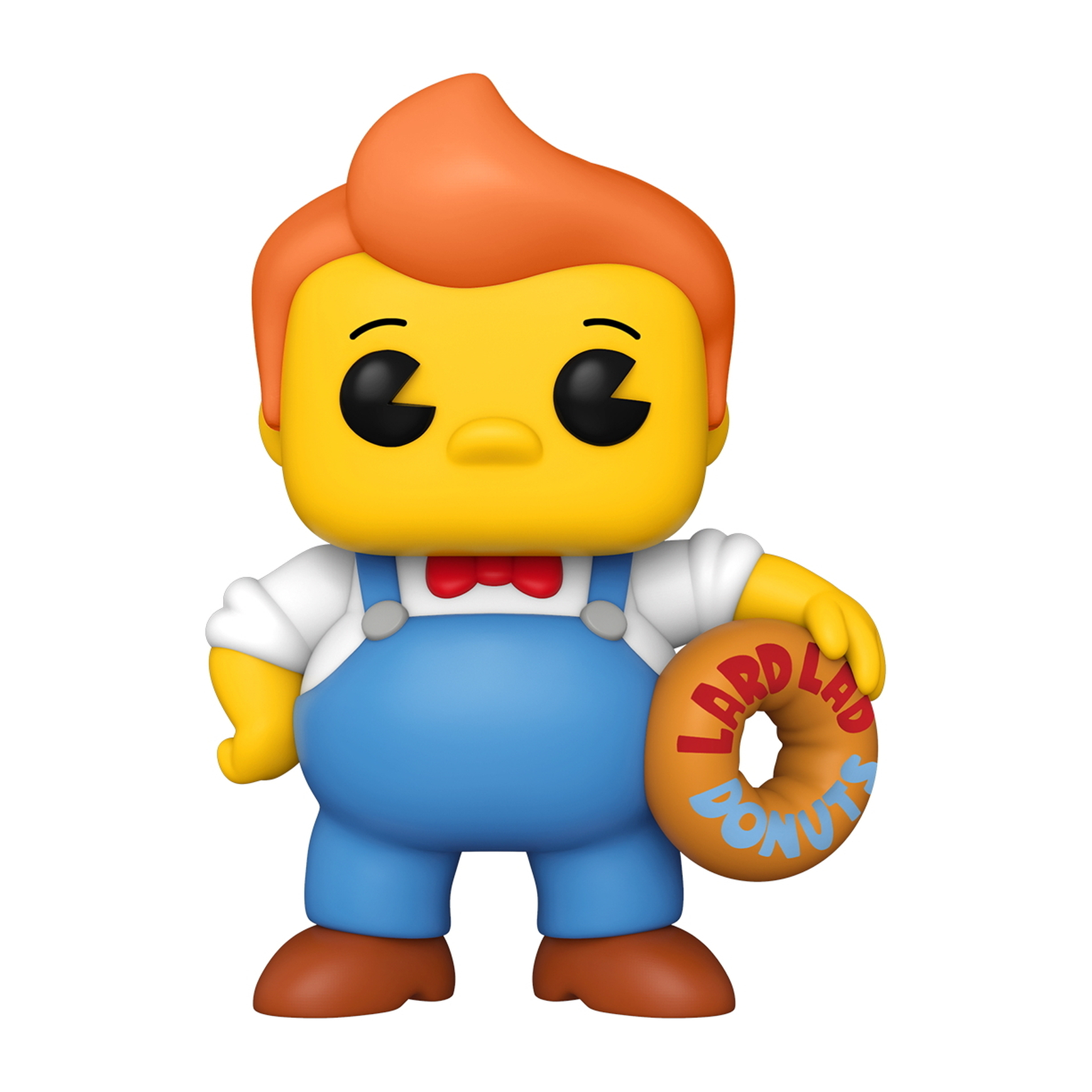 Lard Lad Donut-Figur hält einen Donut. Er trägt eine Latzhose und eine rote Fliege.