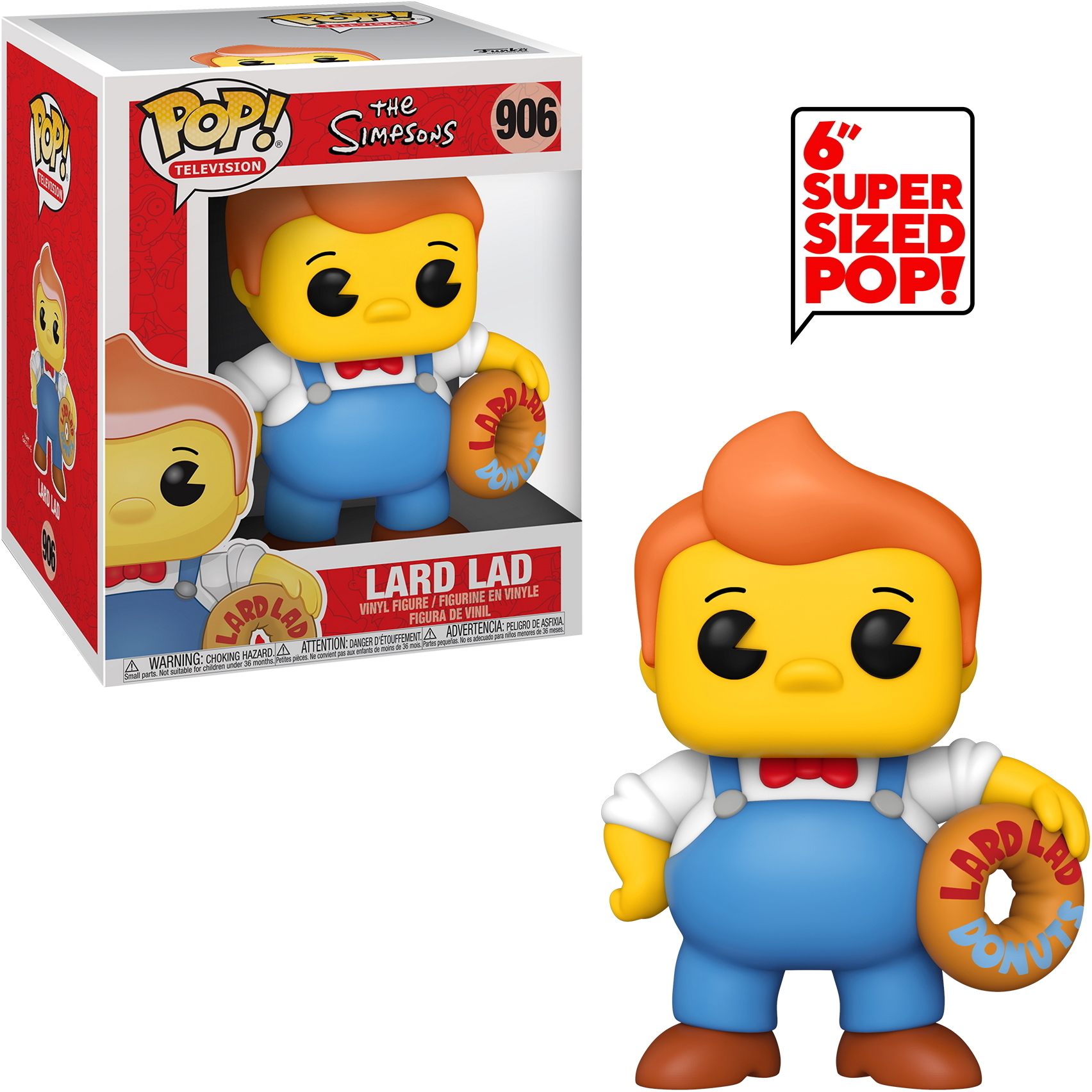 Lard Lad Donuts Funko Pop Figur. Eine gelbe Figur in Latzhosen hält einen Donut.