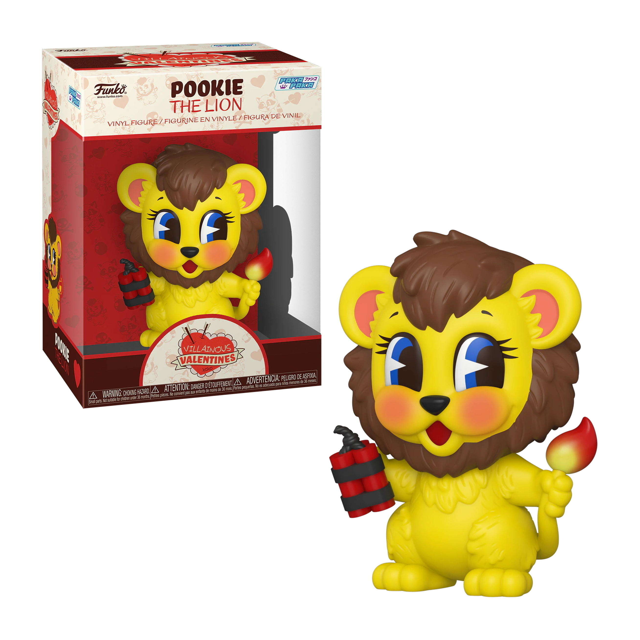 Pookie the Lion Figur mit Bombe und Streichholz. Box auf der linken Seite.