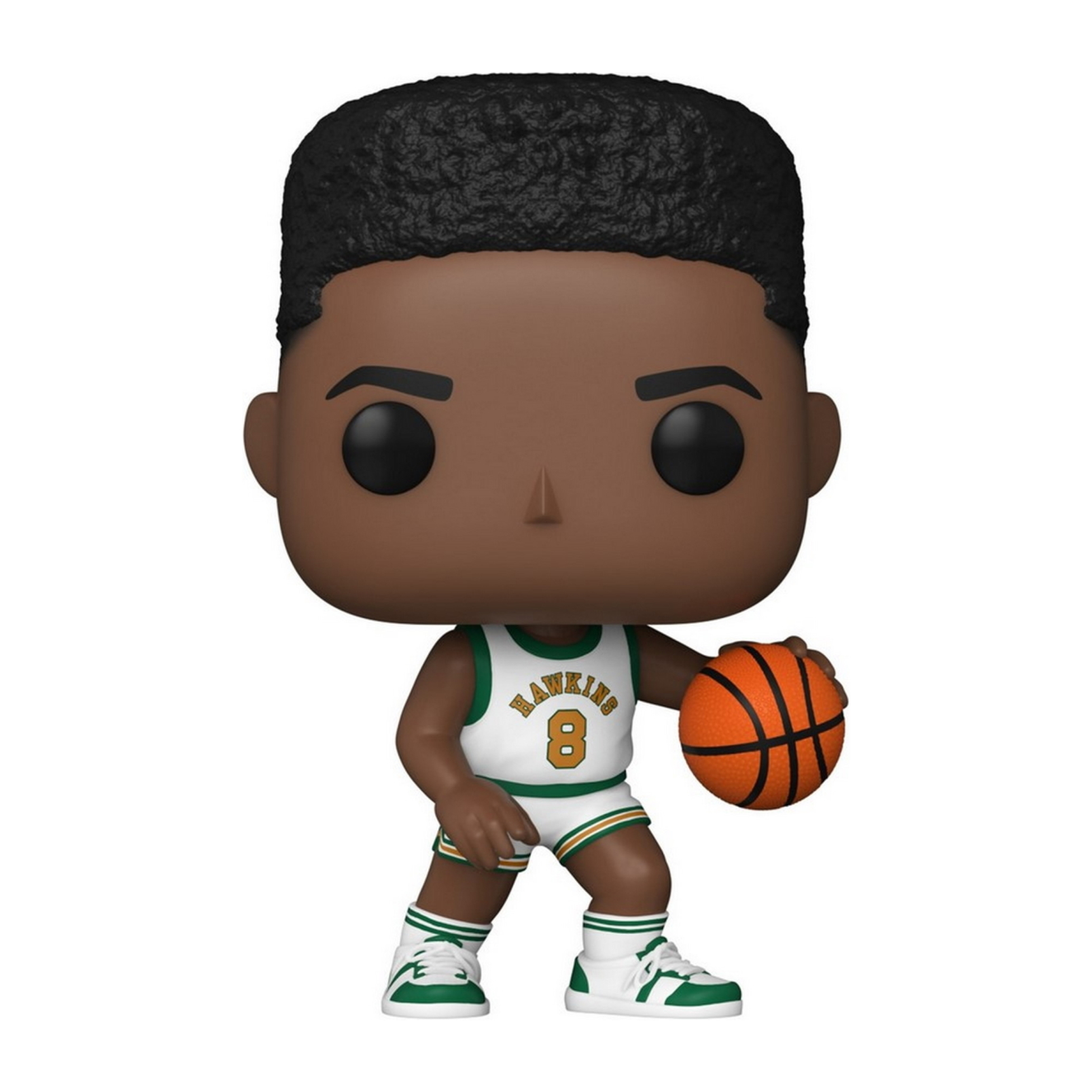 Funko Pop Figur eines schwarzen Basketballspielers in grün-weißer Uniform, der einen Basketball hält.