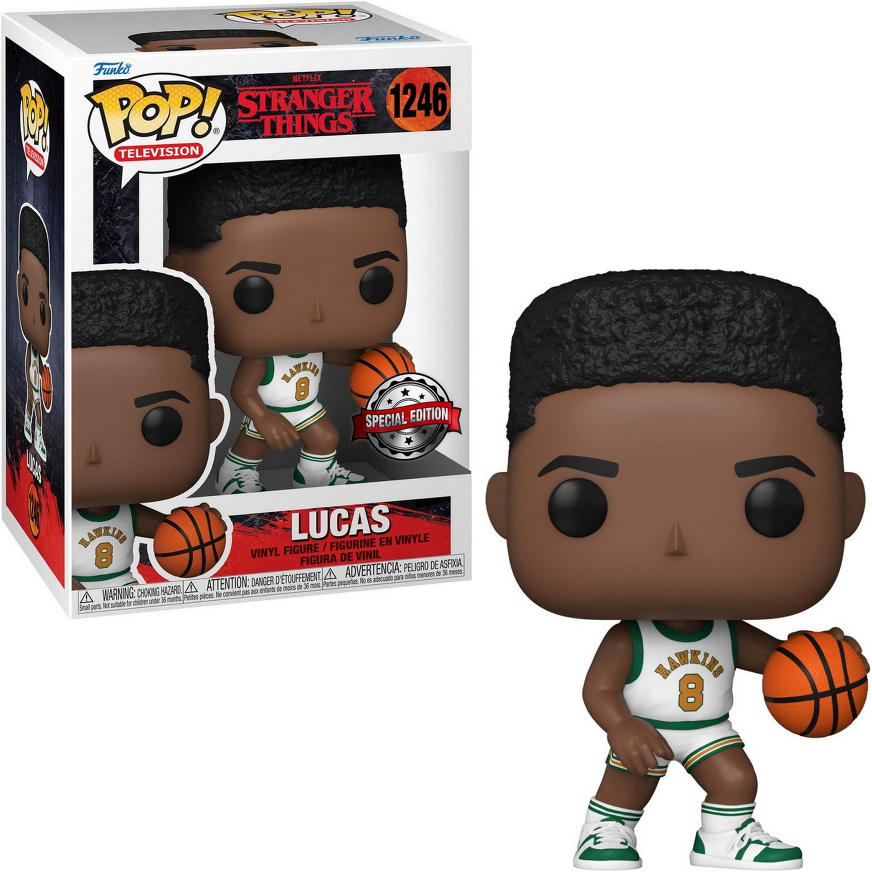 Eine Lucas Funko Pop Figur aus Stranger Things, die einen Basketball hält.