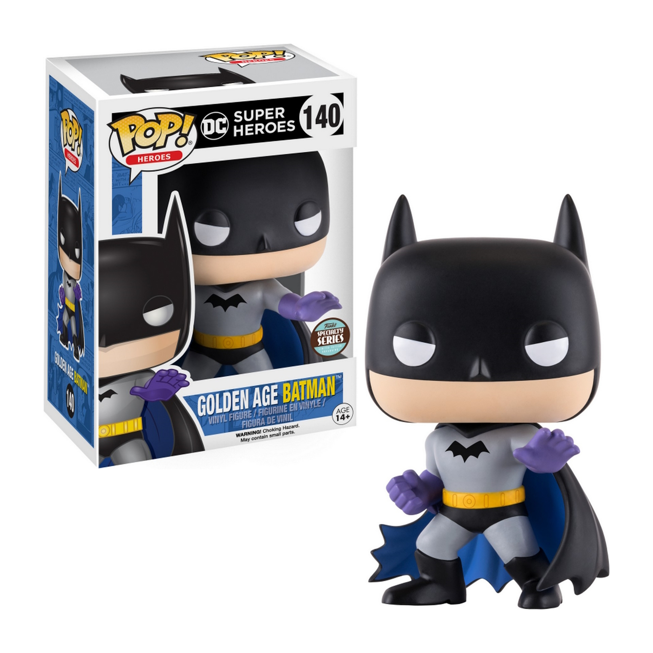 Eine Batman Funko Pop Figur, mit einer Box links.