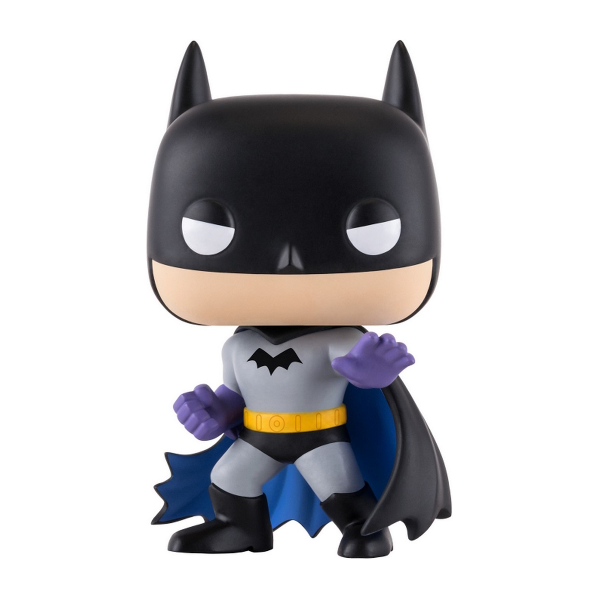Eine Funko Pop Figur von Batman mit schwarzem Umhang und Kapuze, grauem Anzug und lila Handschuhen.
