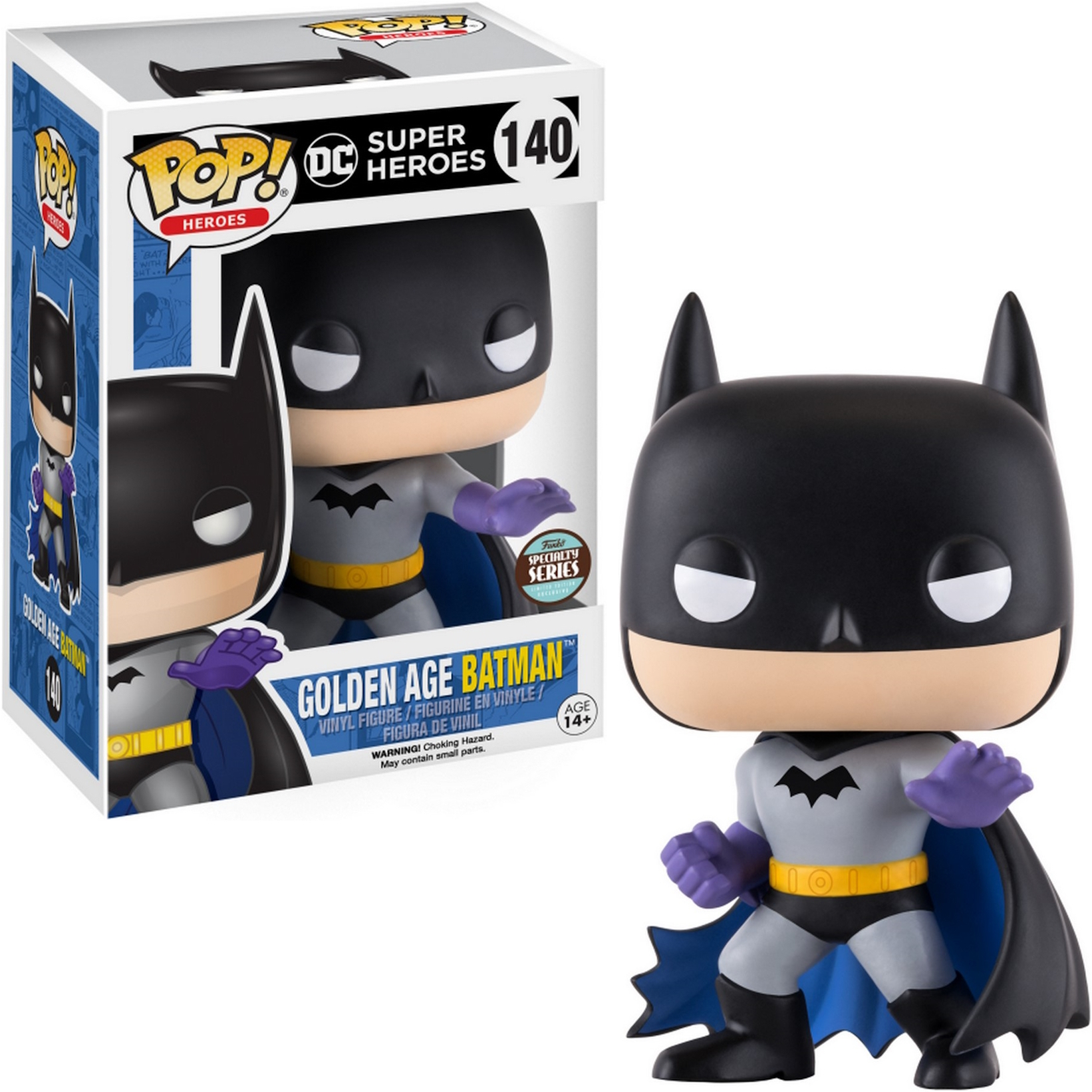 Golden Age Batman Funko Pop Figur. Er hat einen grauen und schwarzen Anzug mit lila Umhang.
