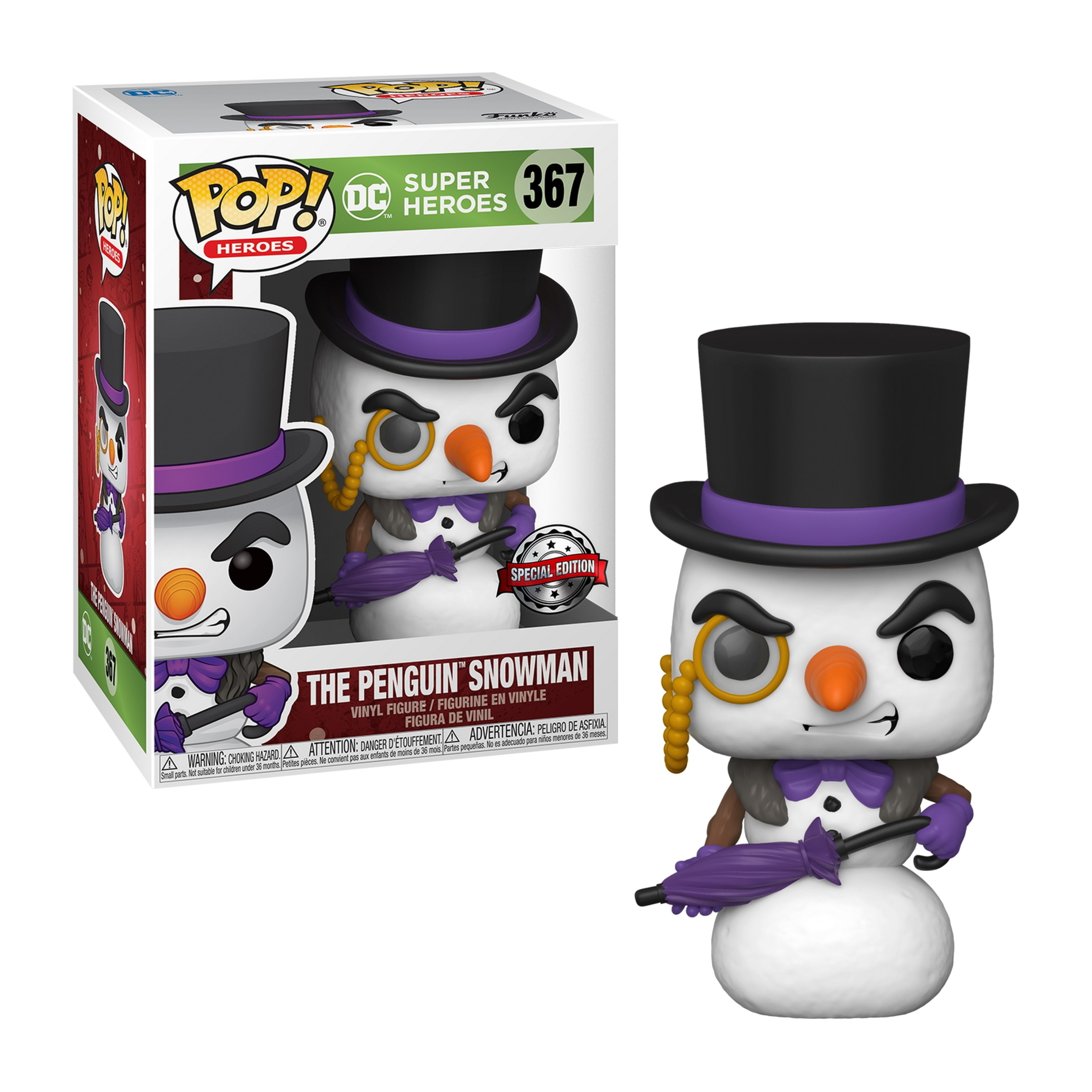 Eine Penguin Snowman Funko Pop Figur in einer Box. Die Figur ist weiß mit schwarzem Hut, lila Akzenten und einem Monokel.