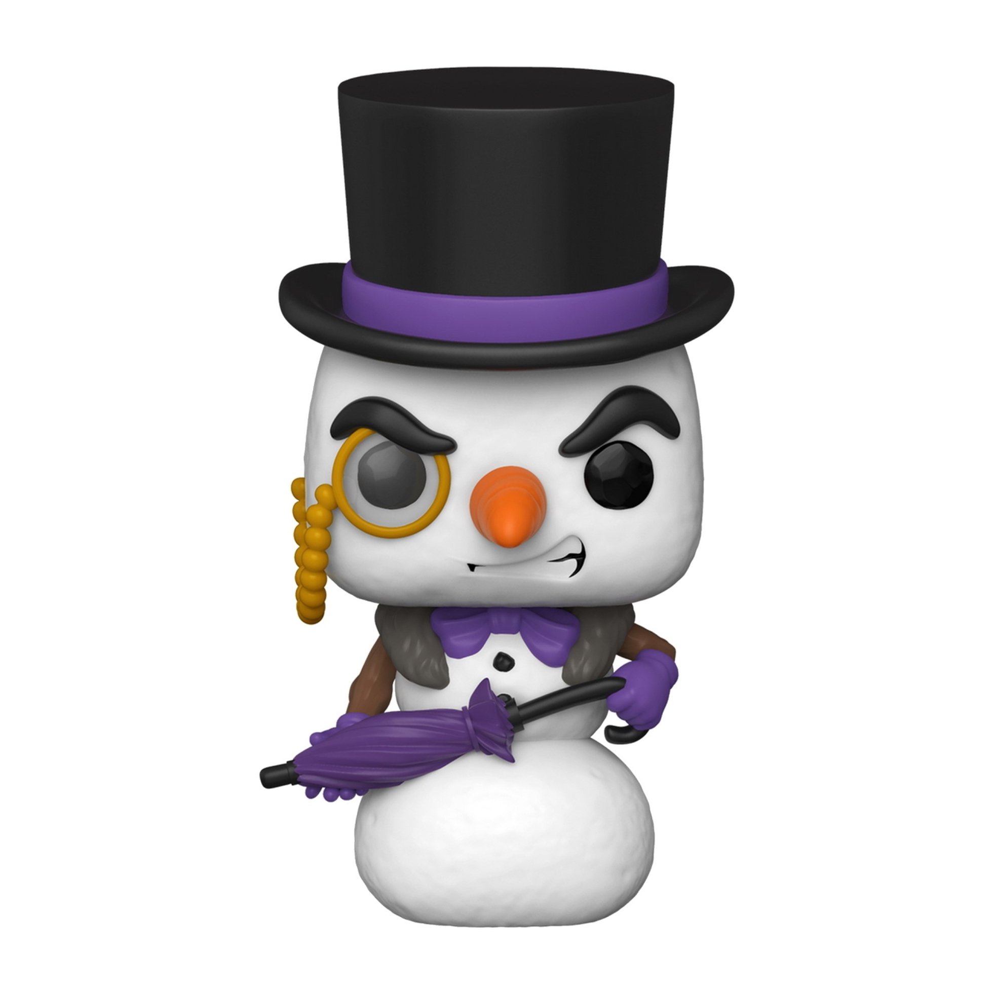 Schneemannfigur mit Zylinder, Monokel und lila Regenschirm, mit schelmischer Miene.