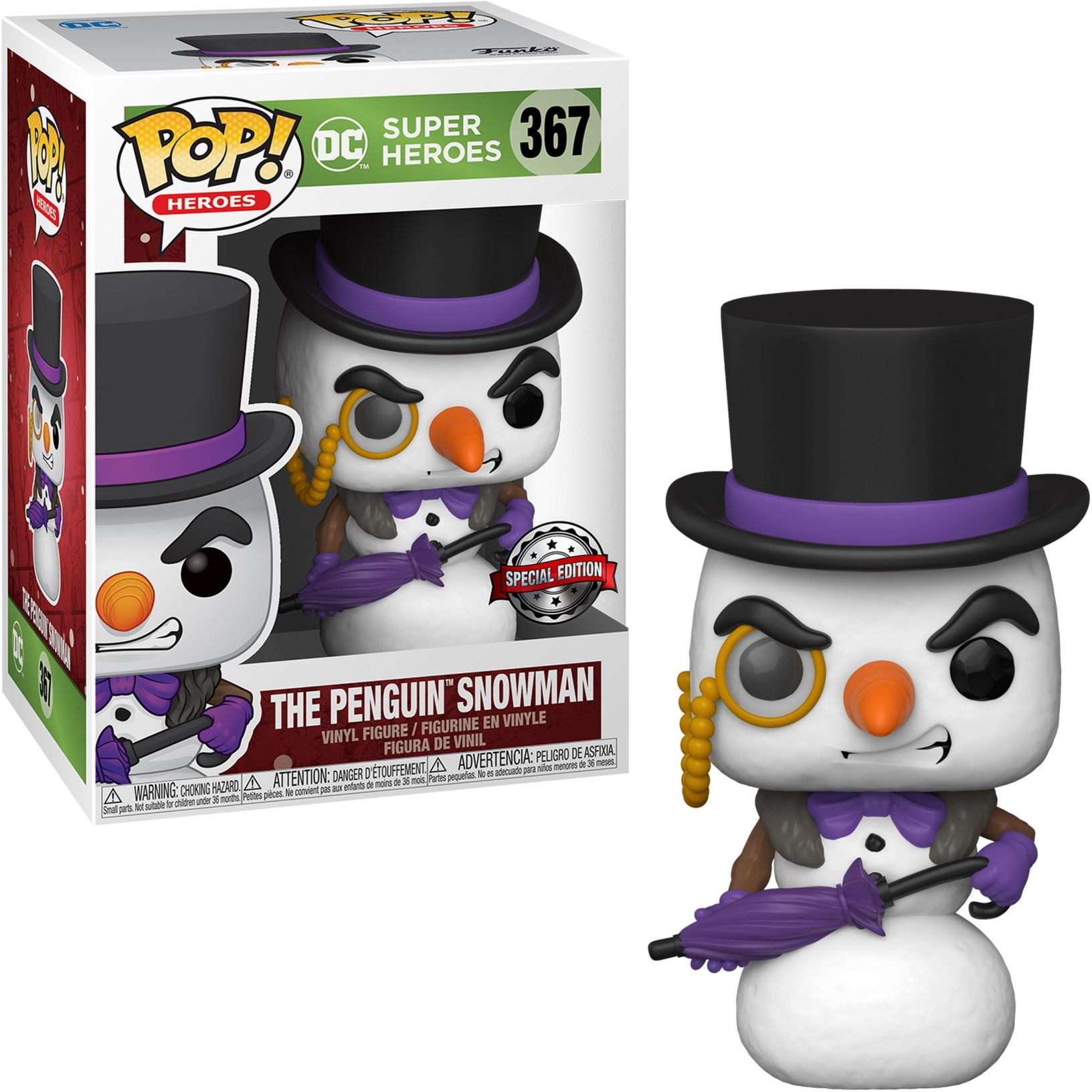 Schneemannfigur mit Zylinder, lila Fliege und Monokel, hält einen Regenschirm. Box mit Pinguin.