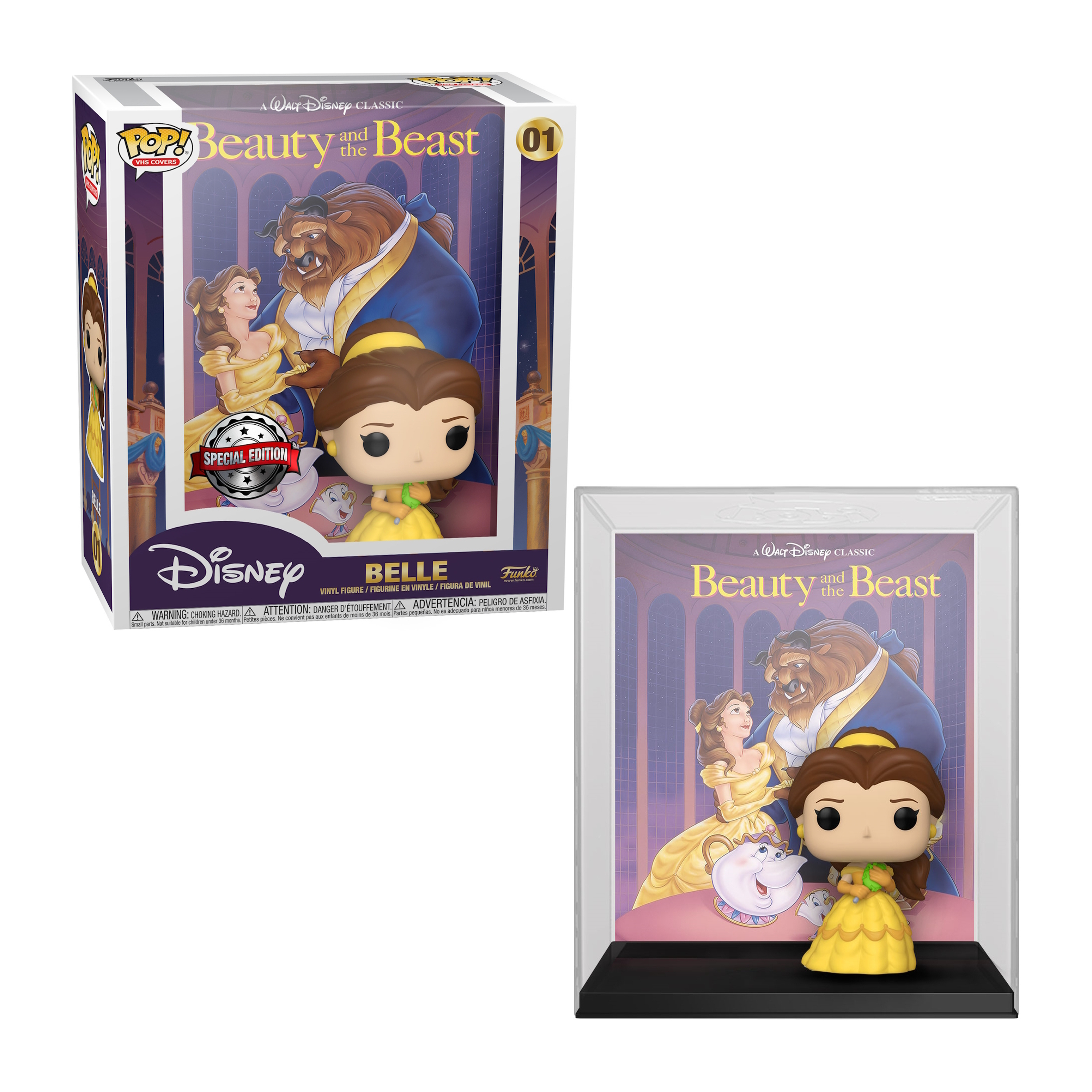 Figura de Bella con vestido amarillo. Caja muestra a Bella, Bestia y fondo. Etiqueta de edición especial.