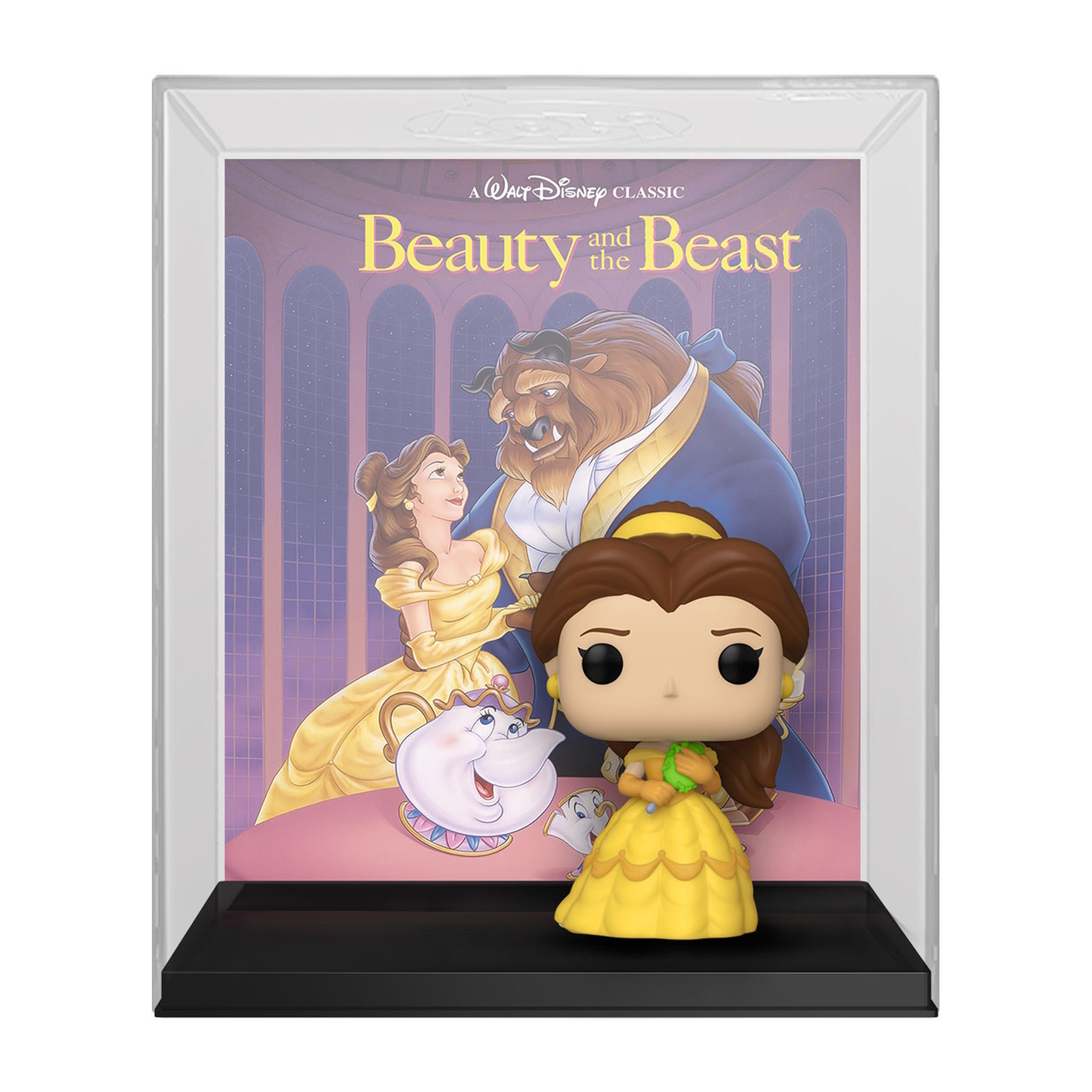 Figura Funko Pop de Bella de La Bella y la Bestia, frente a una portada de libro. La figura está sobre un soporte negro.