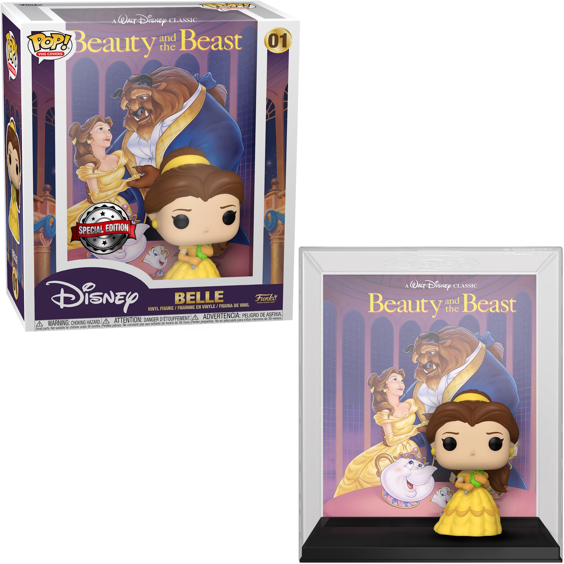 Figura Funko Pop de Bella. En la caja, está con Bestia. La figura tiene un vestido amarillo.