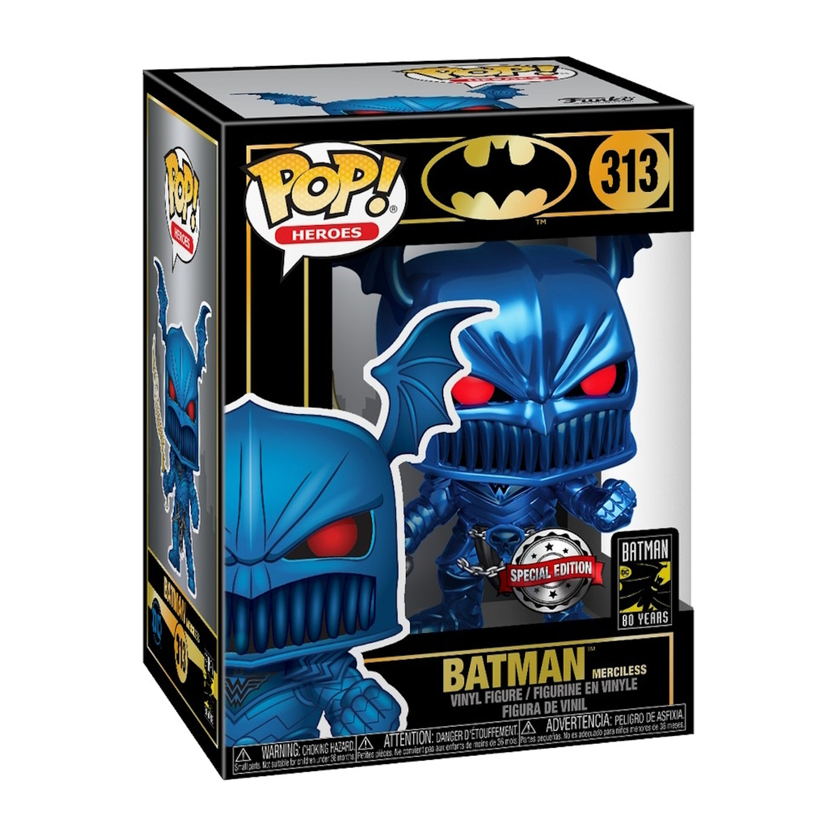 Batman Merciless Funko Pop, blaue Rüstung, rote Augen, in Box.