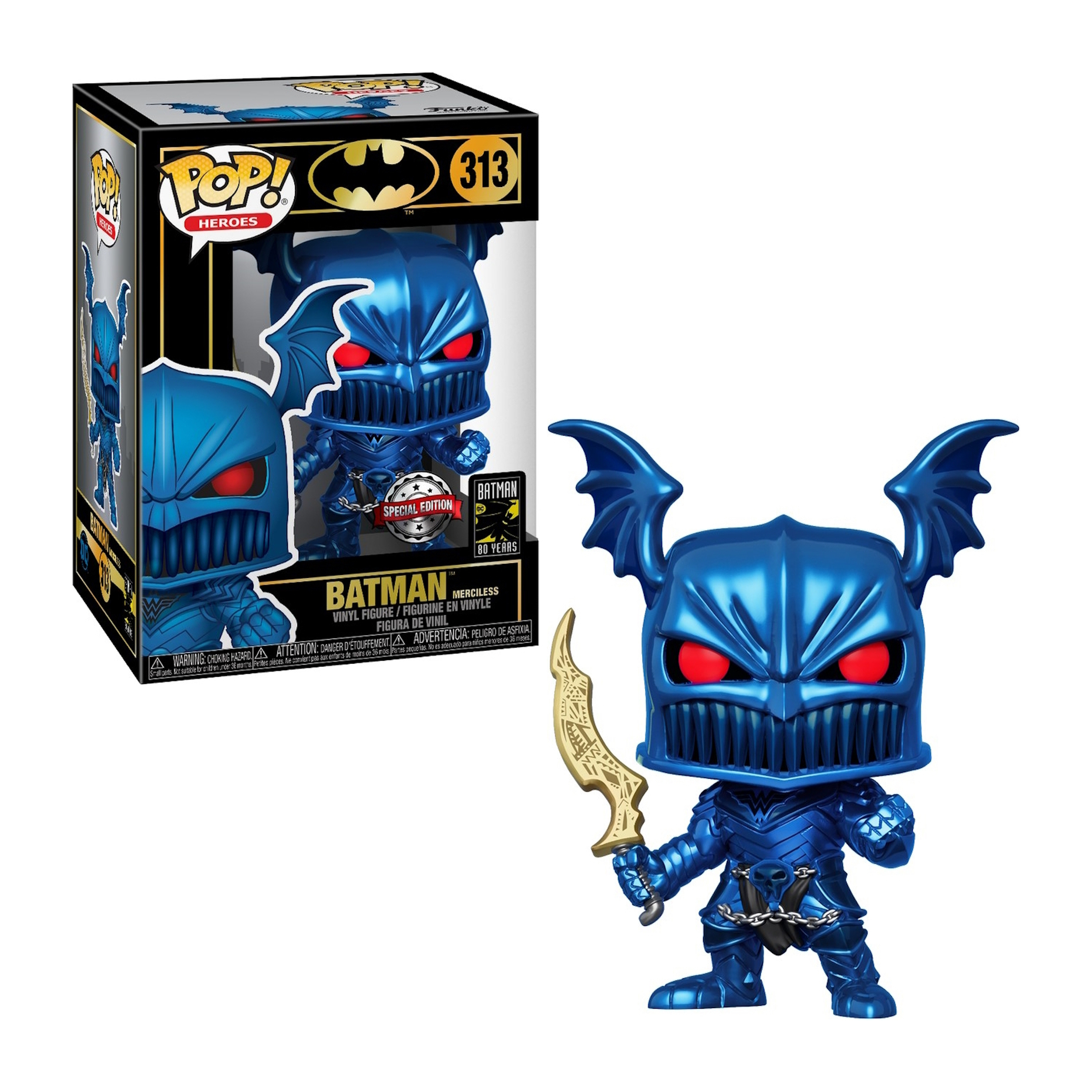 Blaue Batman-Figur mit Fledermausflügeln und goldener Waffe, auf einem Ständer.