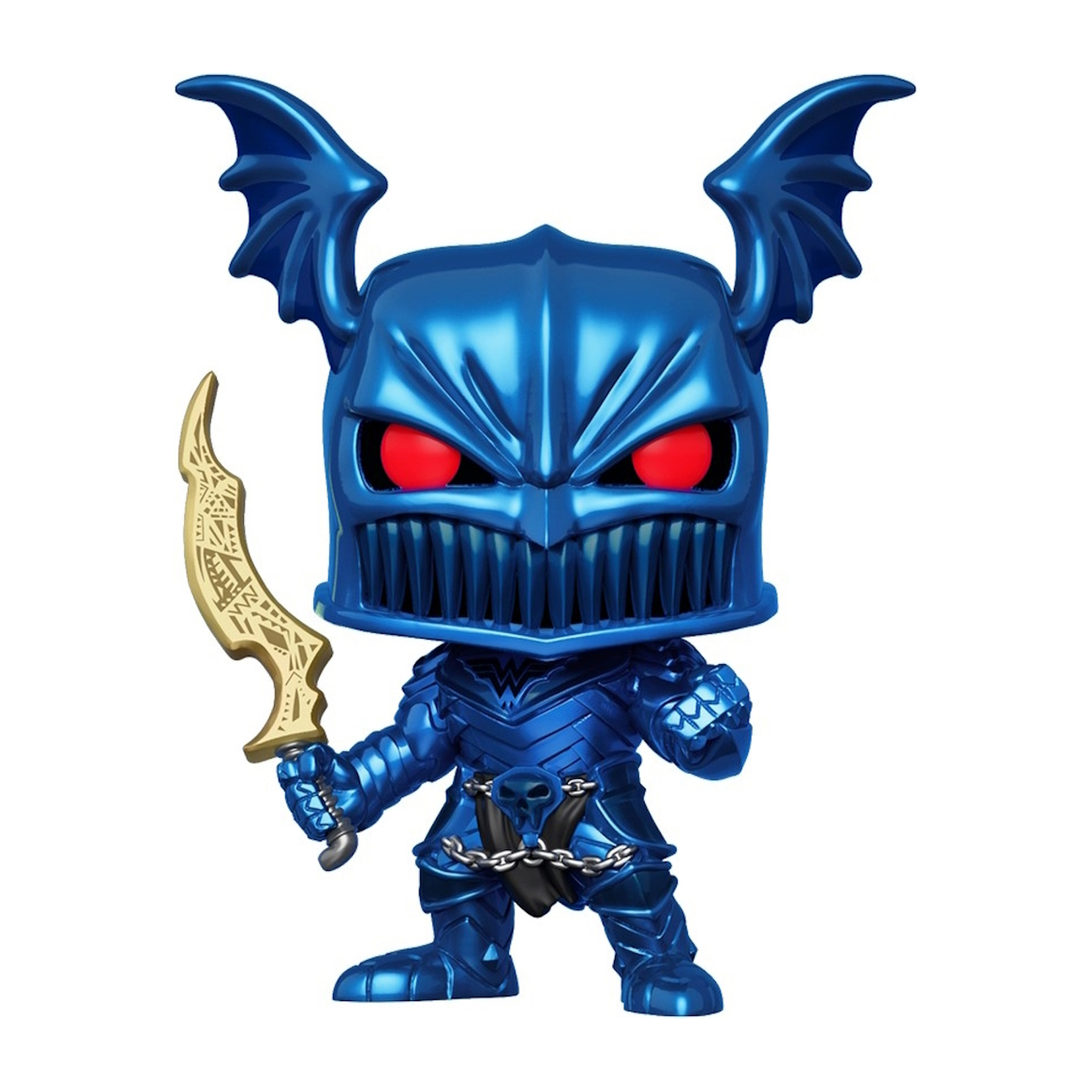 Eine blaue Funko Pop Figur eines Ritters mit gehörntem Helm und goldenem Schwert.