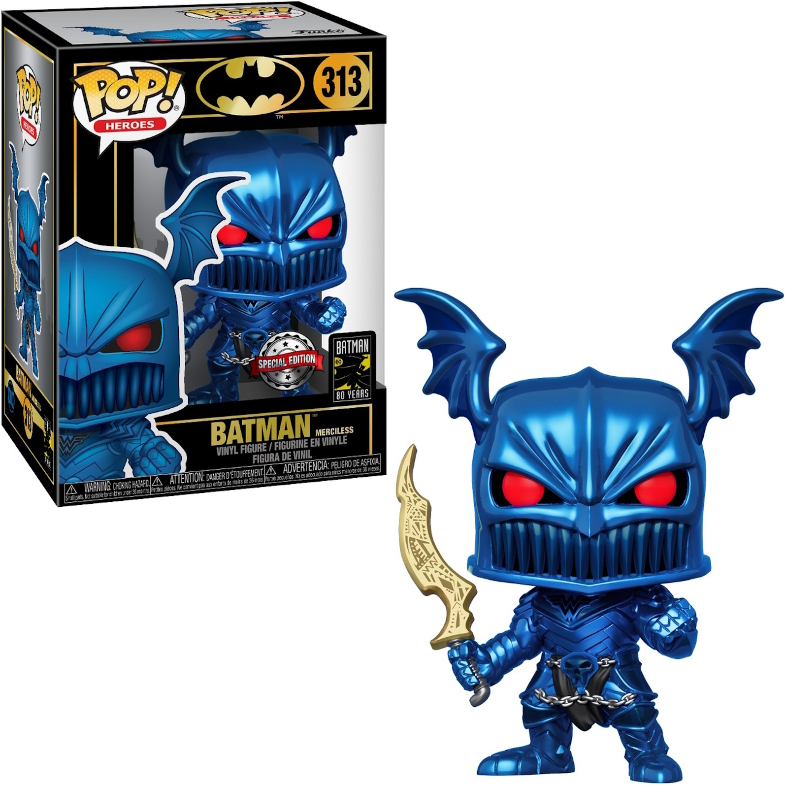 Batman Funko Pop! Figur mit Box. Blaue Rüstung, rote Augen. Weißer Hintergrund.