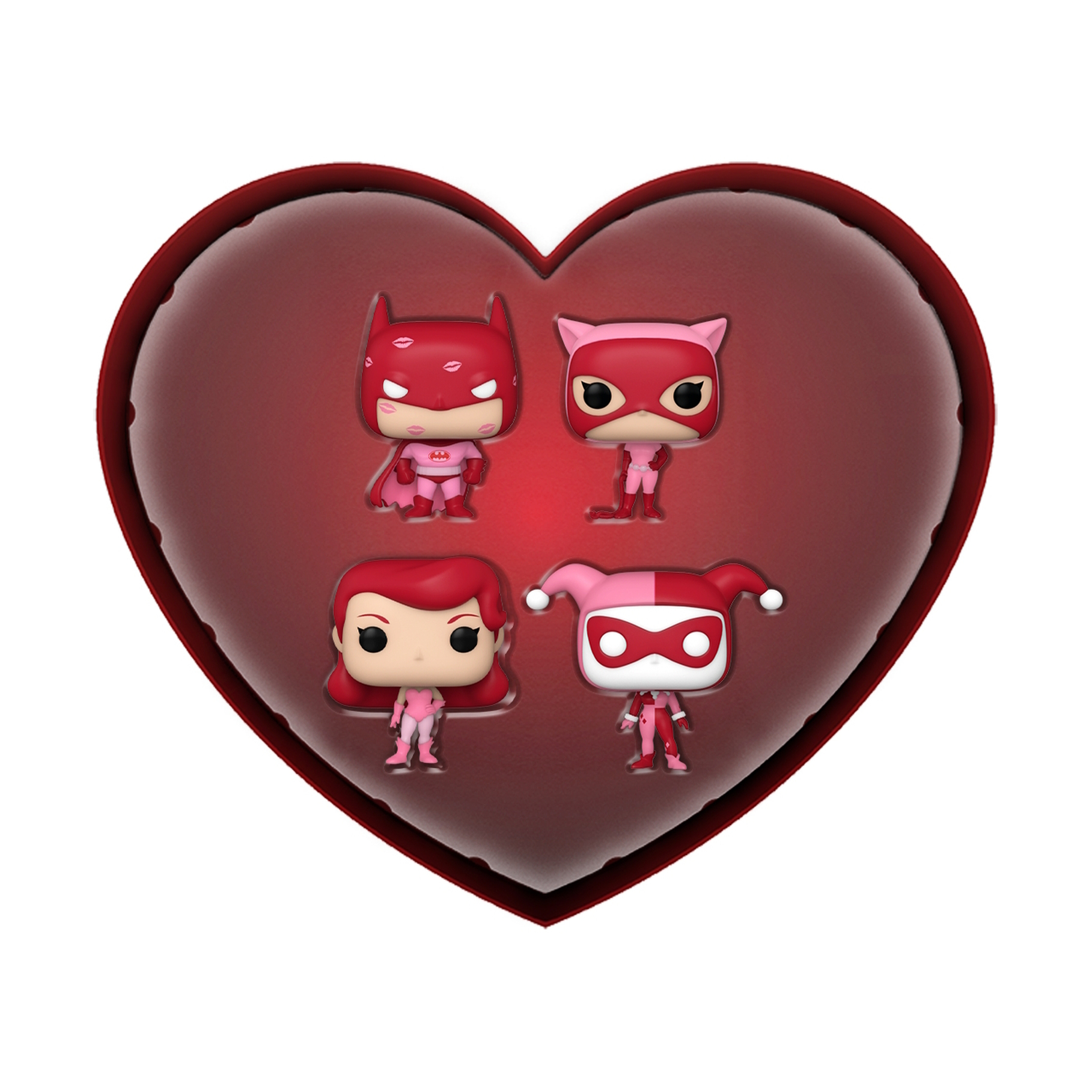Vier rote Superheldenfiguren in einem Herzen. Zu den Charakteren gehören Batman, Catwoman, Harley Quinn.