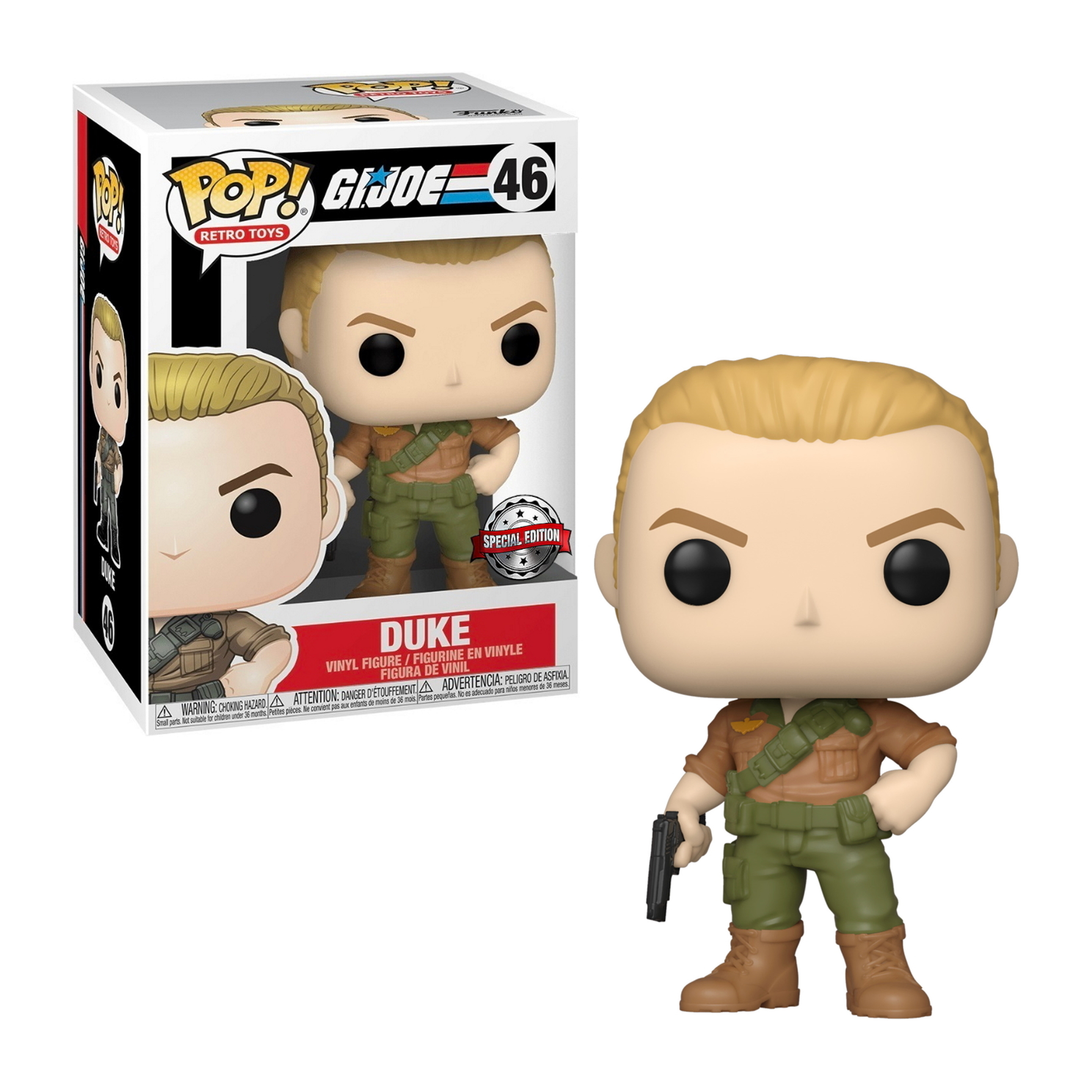 Duke Funko Pop Figur mit Box. Die Figur hält eine Pistole. Special Edition.