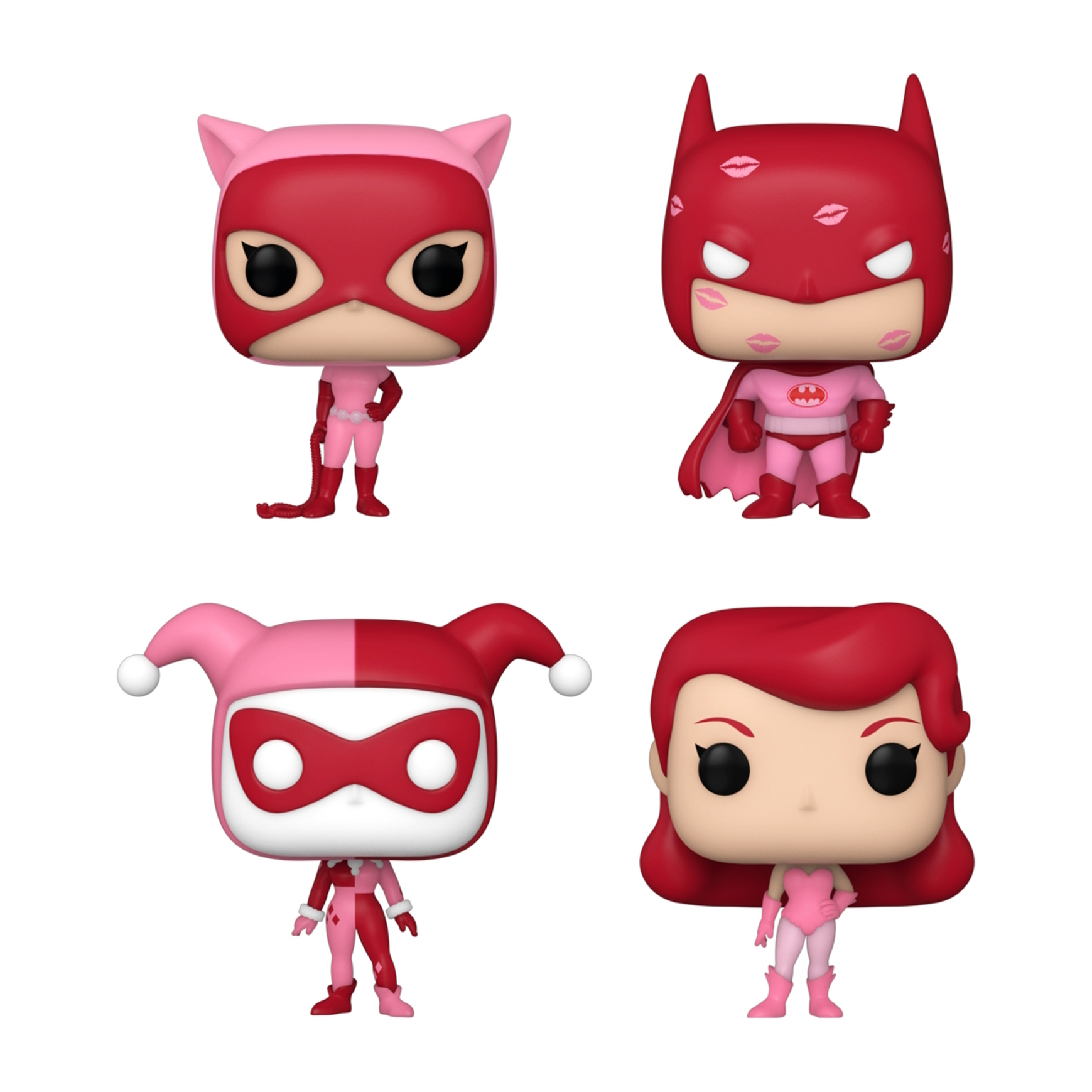 Vier Funko Pop Figuren, jede in Pink und Rot. Catwoman, Batman mit Küssen, Harley Quinn und eine Frau.