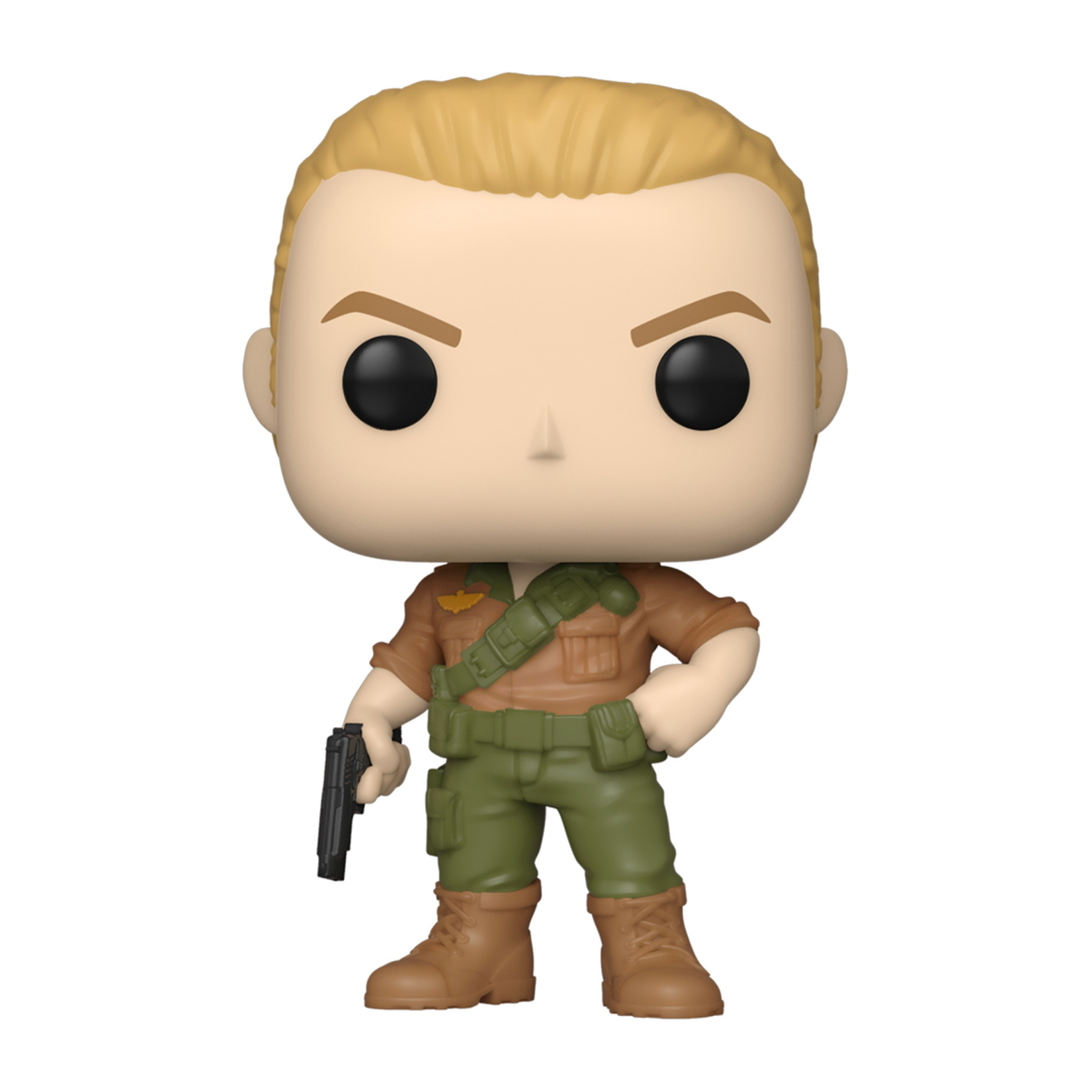 Eine Soldatenfigur mit blonden Haaren, die eine grün-braune Uniform trägt und eine schwarze Pistole hält.