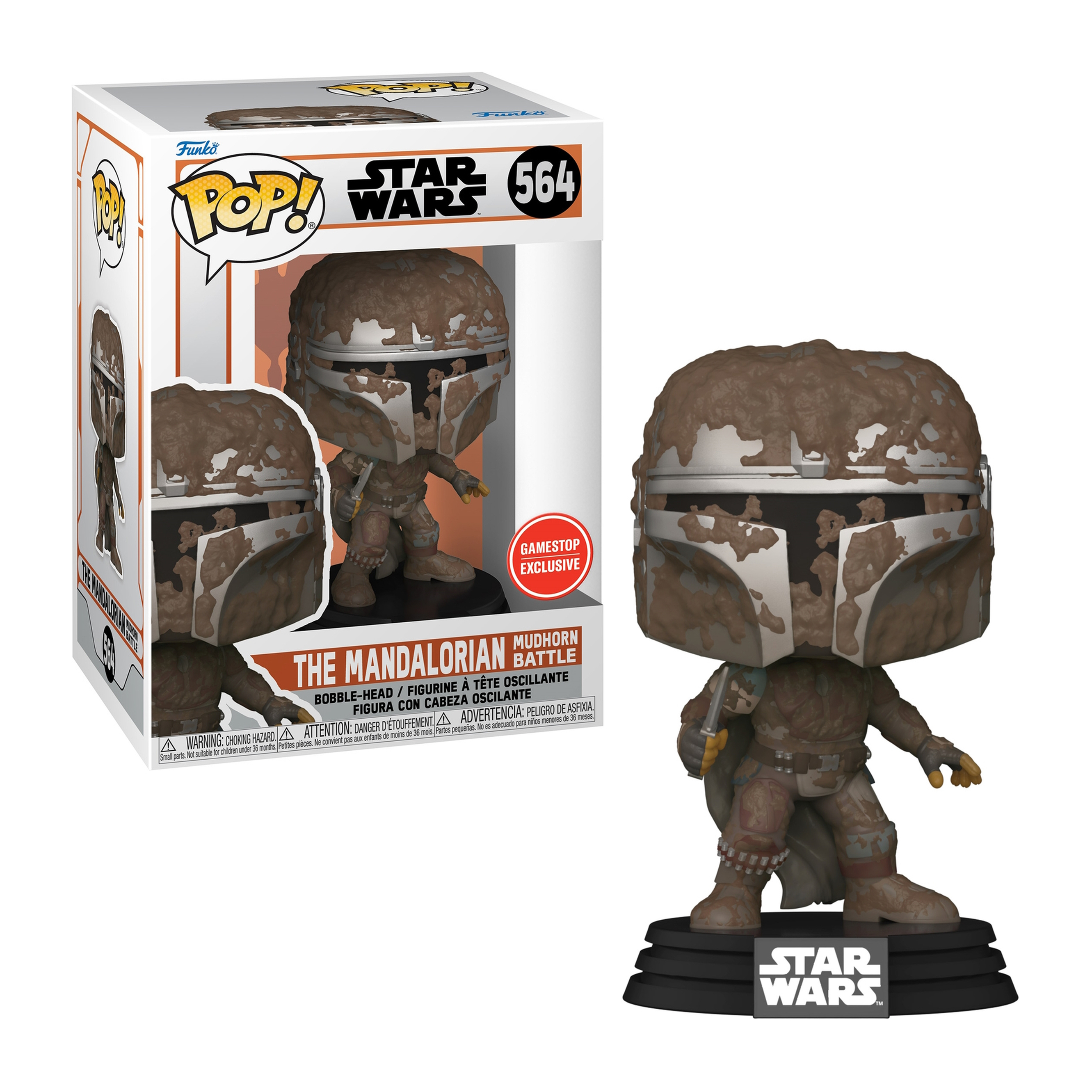 The Mandalorian Mudhorn Battle Pop Figur mit Box. Figur mit Schlamm bedeckt.
