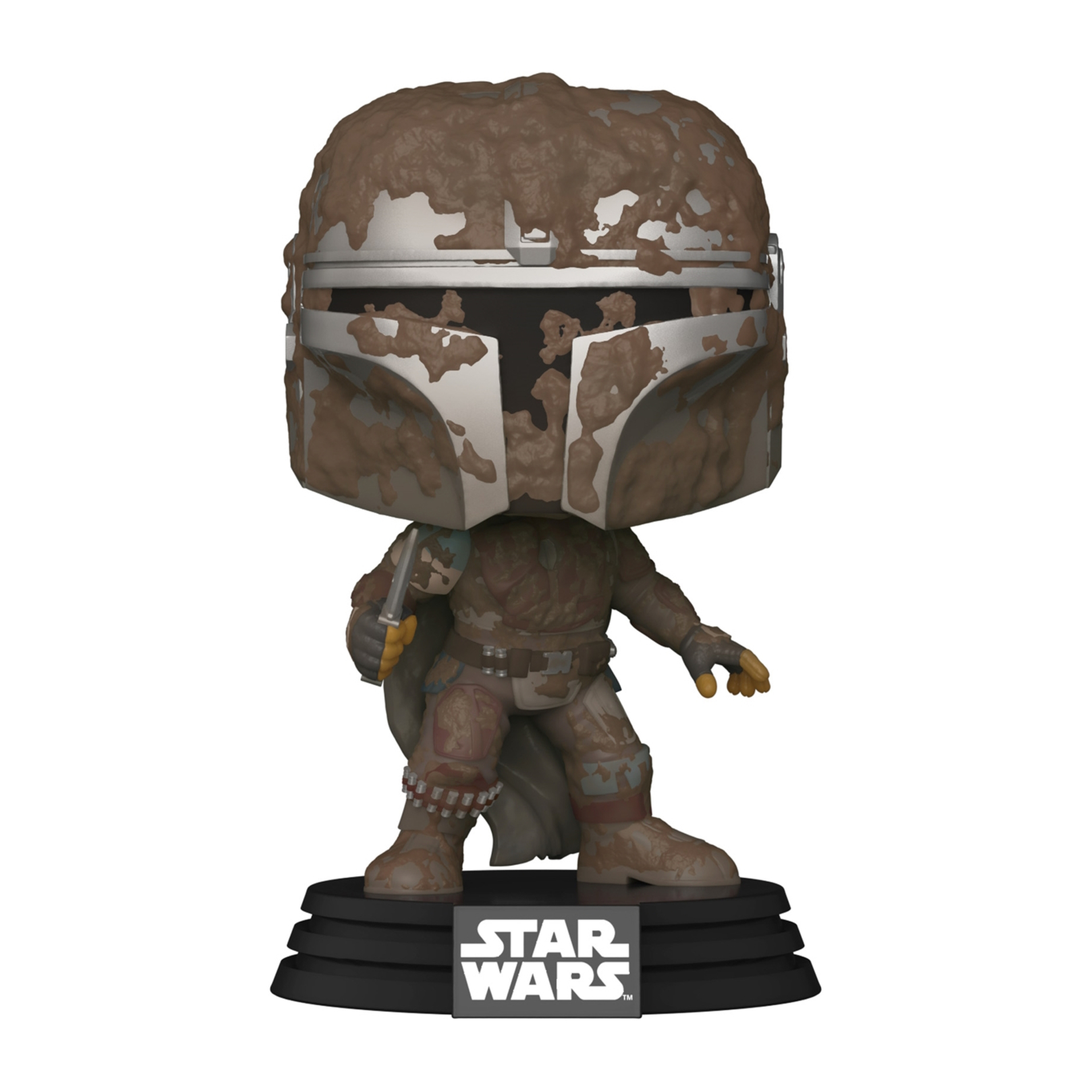 The Mandalorian Funko Pop Figur, schlammbedeckt, steht auf schwarzem Sockel. Es ist ein Star Wars Sammlerstück.