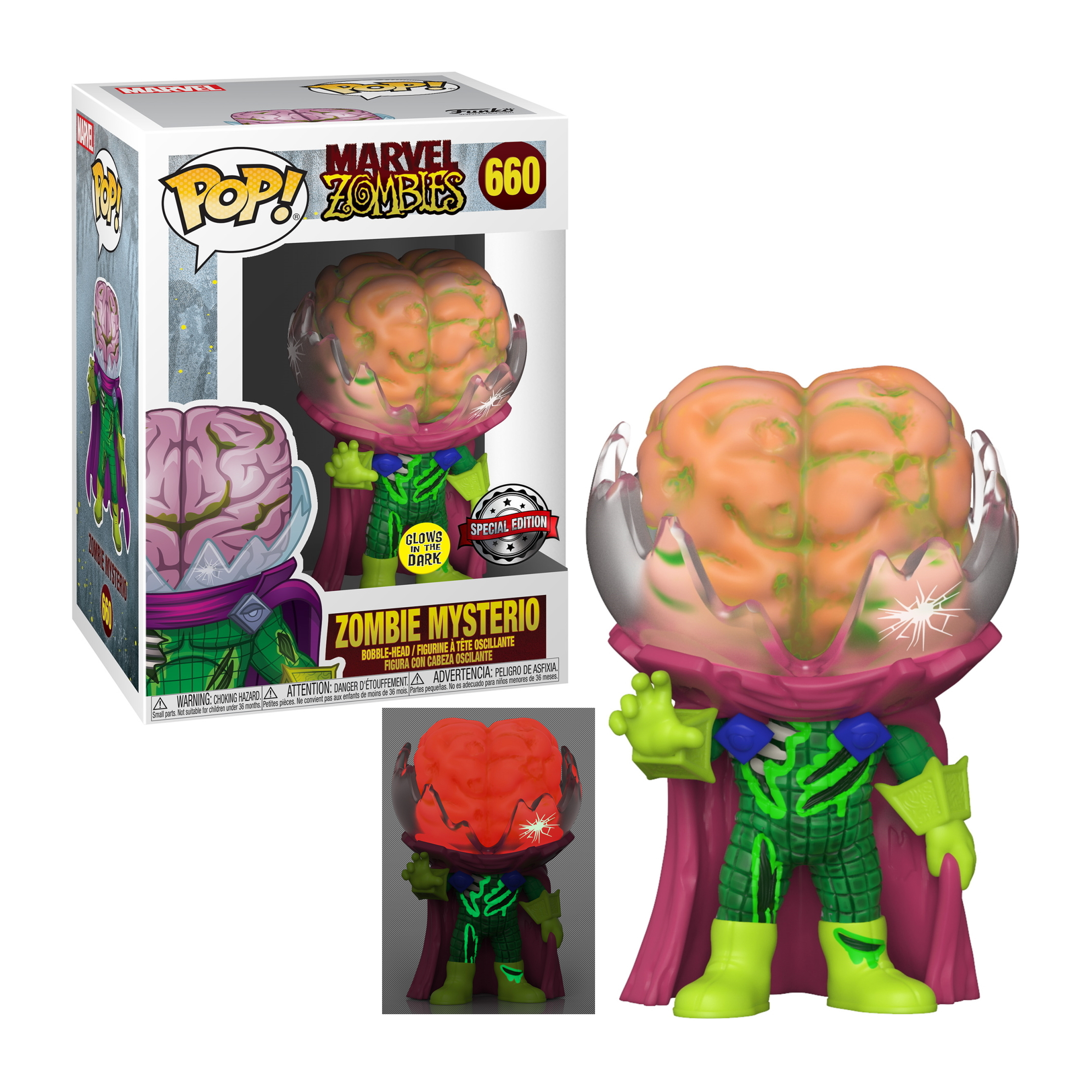 Zombie Mysterio Funko Pop Figur mit einer Box im Hintergrund.