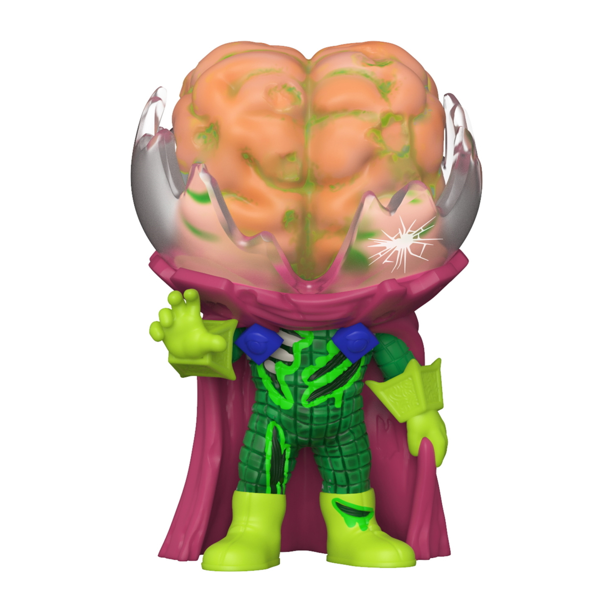 Funko Pop Figur eines Schurken mit gehirnähnlichem Kopf, grünem Anzug und rosa Umhang.