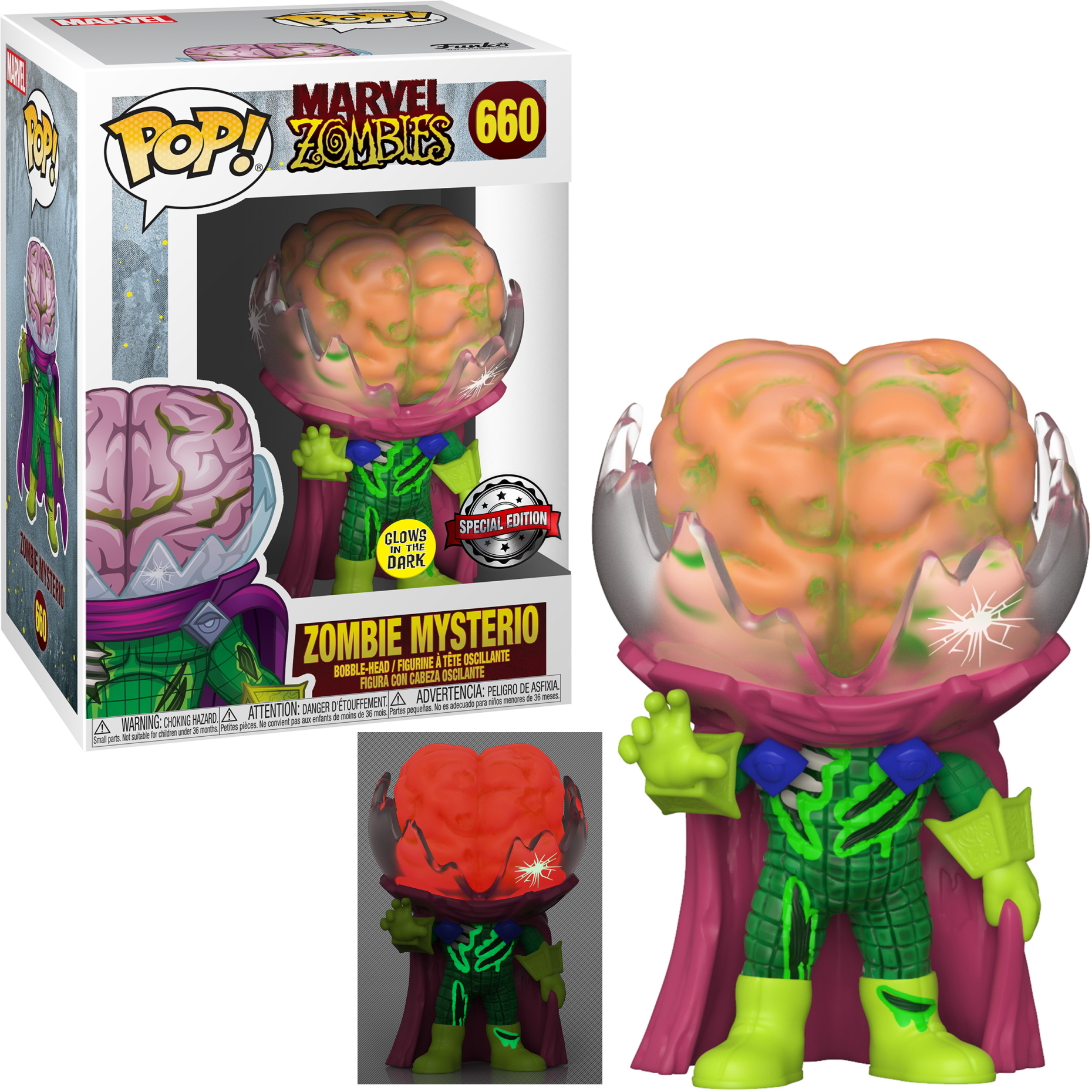 Zombie Mysterio, Marvel Zombies Funko Pop, oranger Gehirn im Glashut, grüner Anzug.