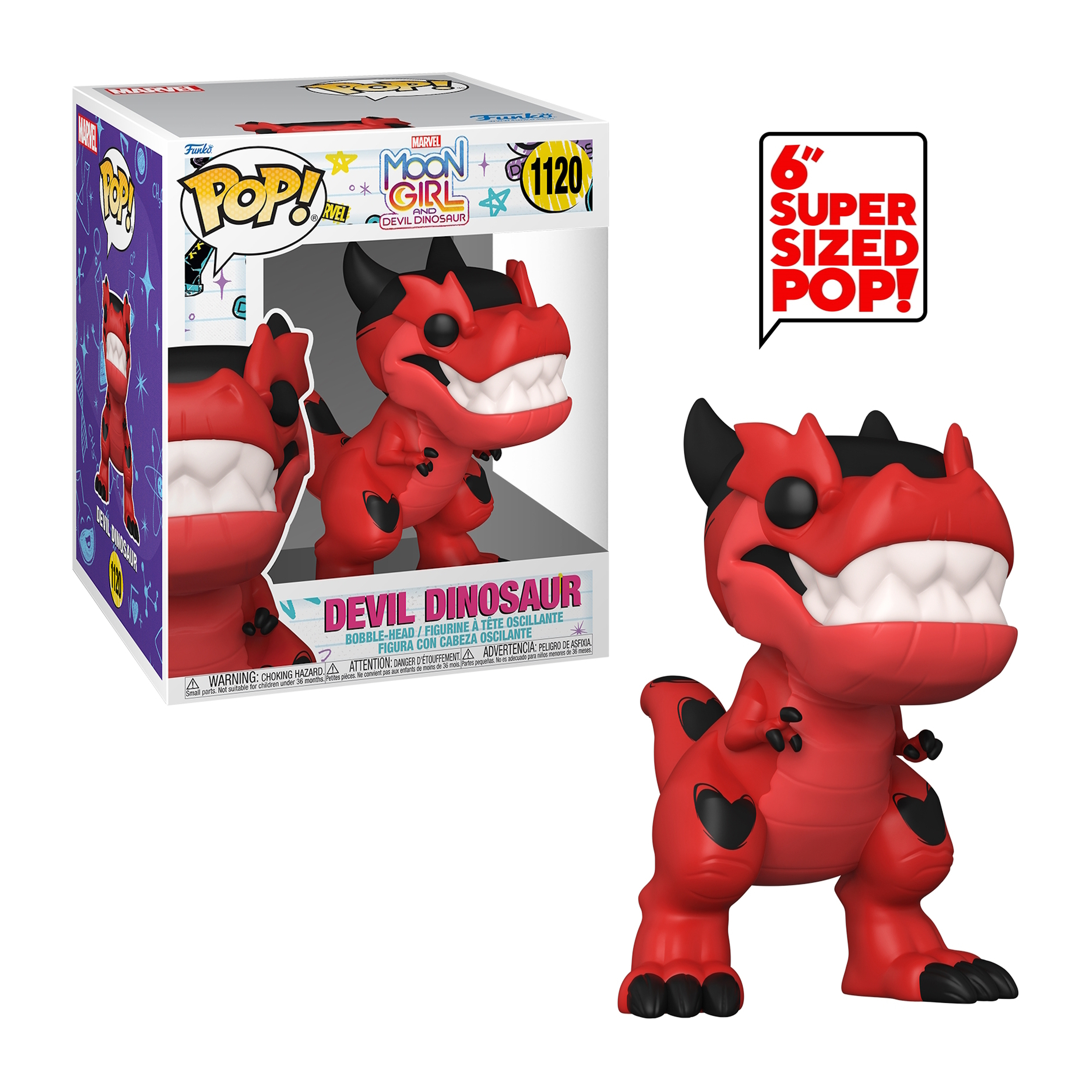 Figura Funko Pop de Devil Dinosaur, un dinosaurio rojo con detalles negros, en una caja.