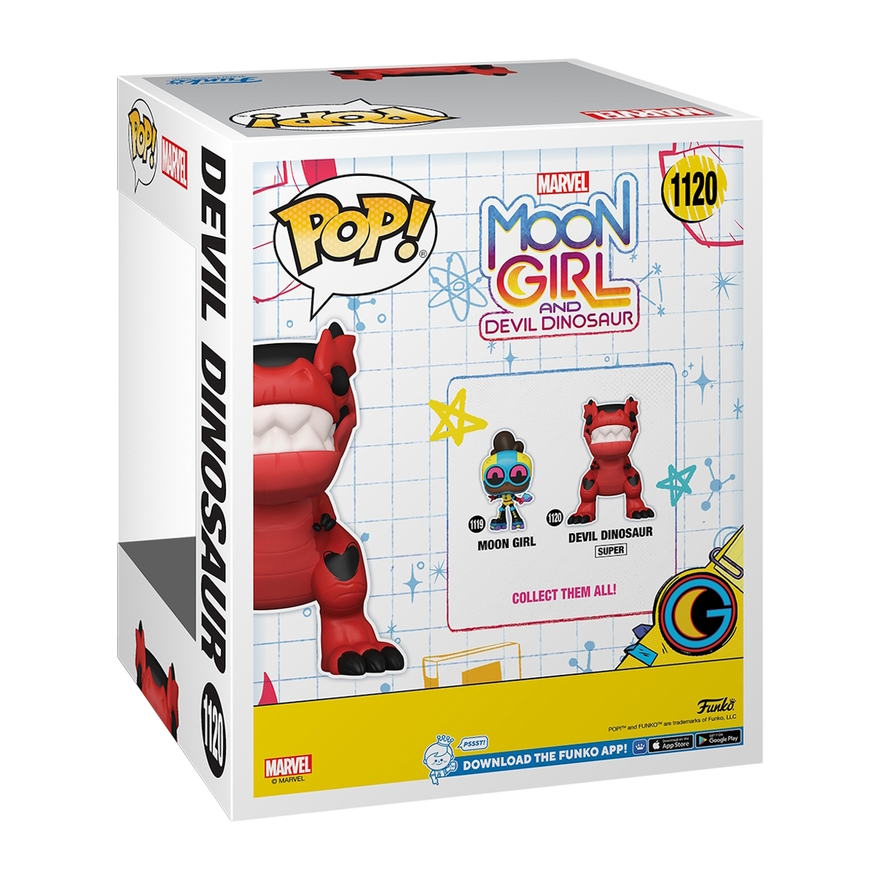 Una caja Funko Pop con Moon Girl y Devil Dinosaur. Muestra a Moon Girl y un Devil Dinosaur rojo.