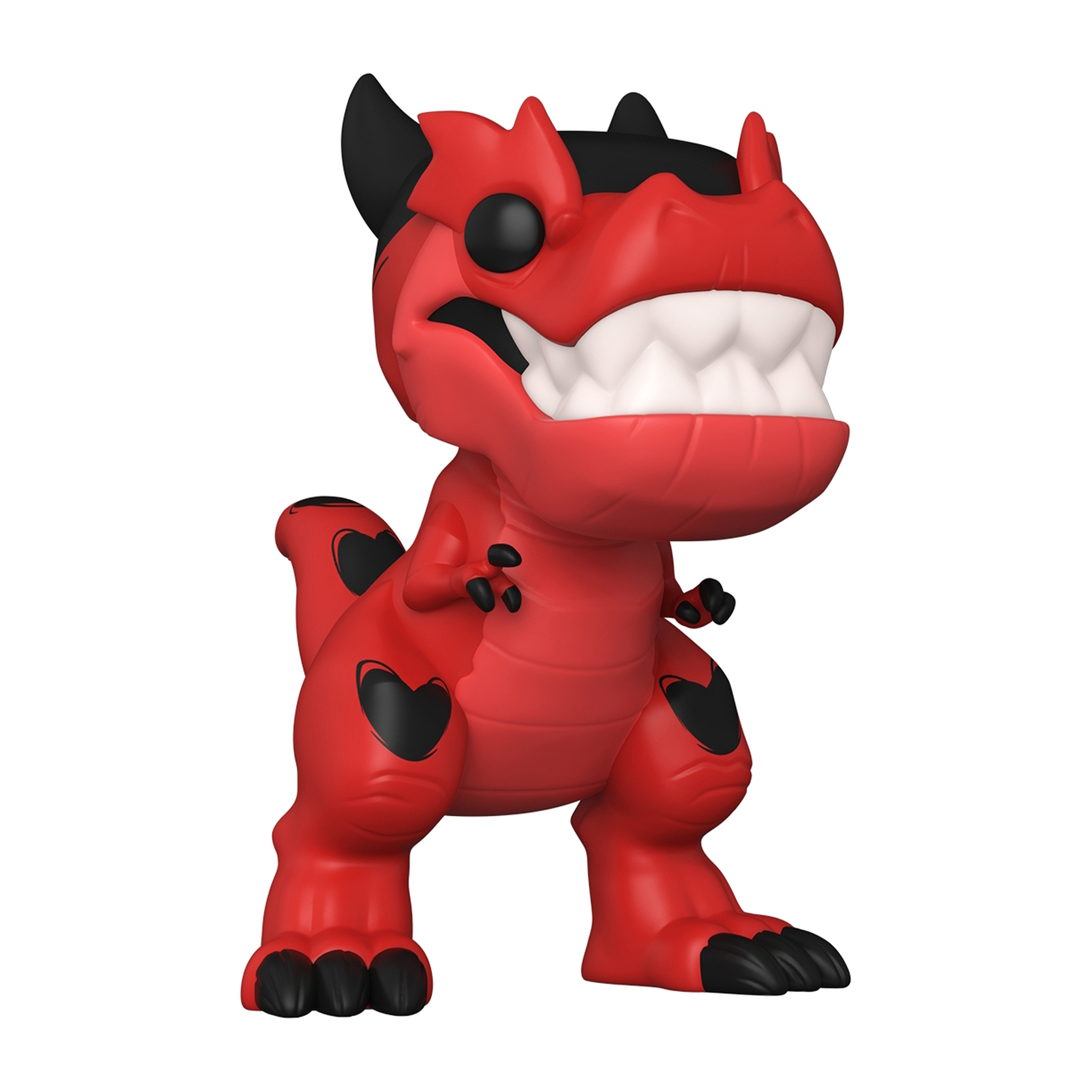 Una figura Funko Pop de T-Rex rojo con ojos negros y detalles en forma de corazón. Está en pose de pie.