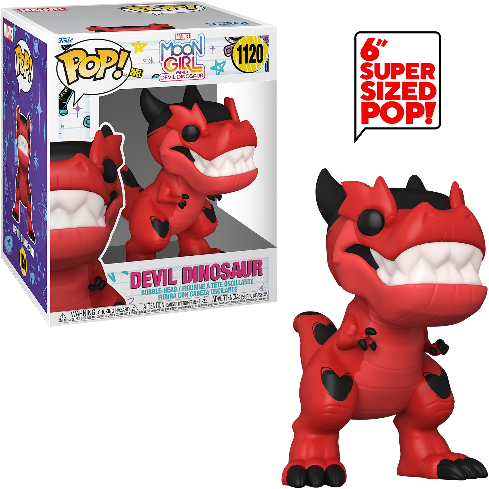 Funko Pop del Dinosaurio Diablo rojo con marcas de corazón negro. Caja dice 6" Super Sized Pop!