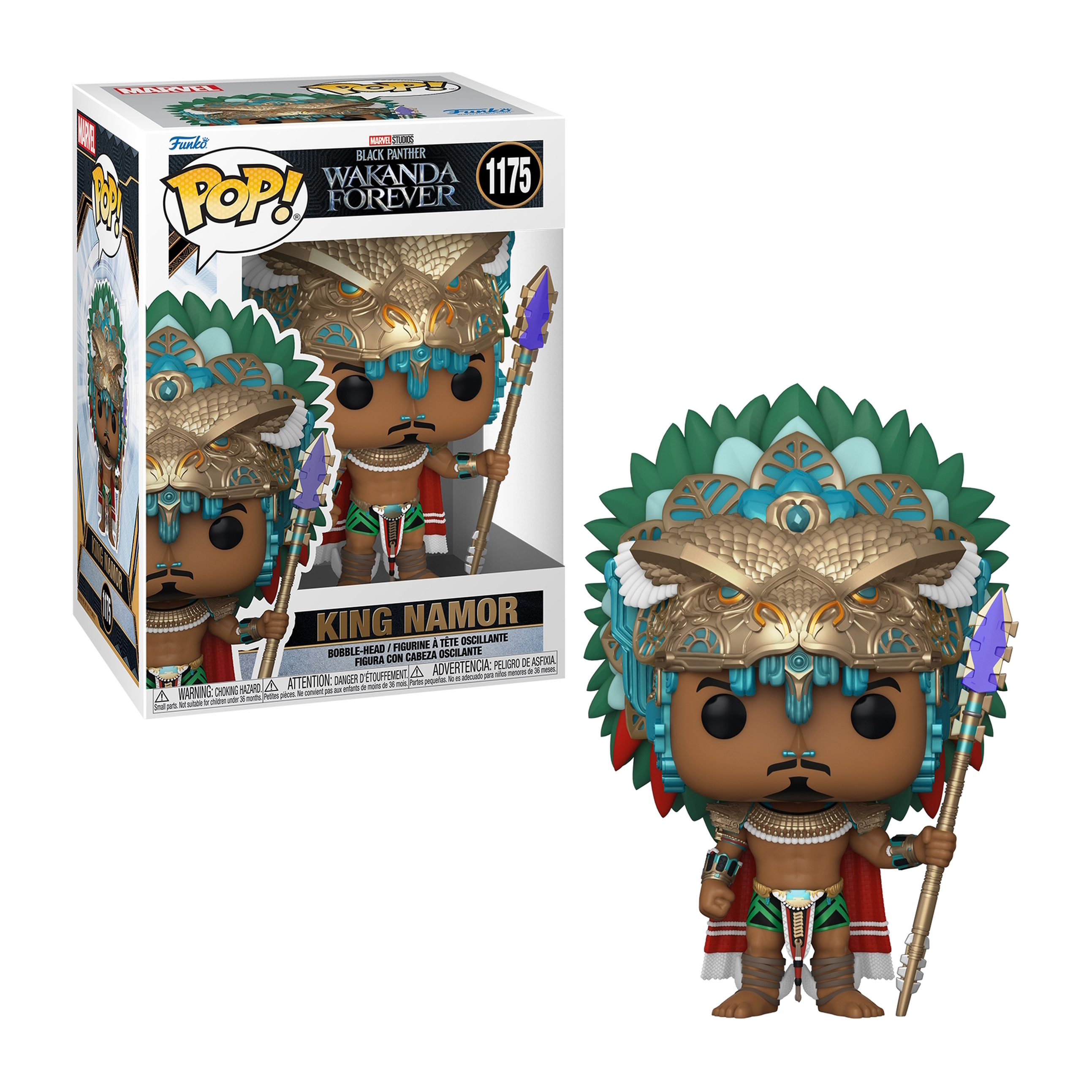 Figura Funko Pop de King Namor de Black Panther. Lleva un tocado dorado y sostiene una lanza. La caja está incluida.
